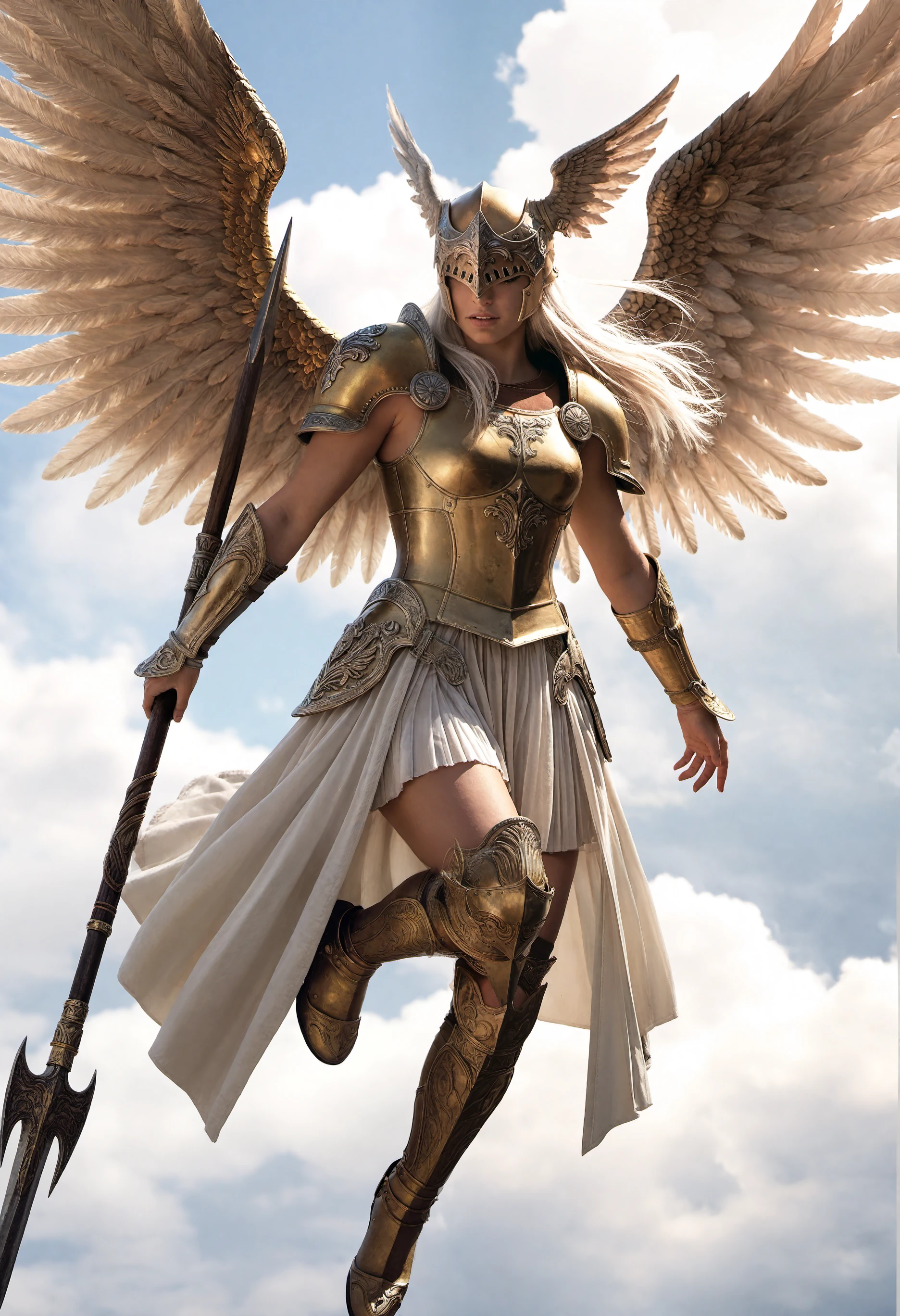 photorealistic, masterpiece, halone \(ff14\), final fantasy, 1girl, floating hair, helmet over eyes, white hair, very long hair, long hair, gold armor, horned helmet, winged helmet, armored dress, valkyrie, vambraces, wings, spear, pauldrons, breastplate, boobplate, gauntlets, action scene, cloud background, midair,