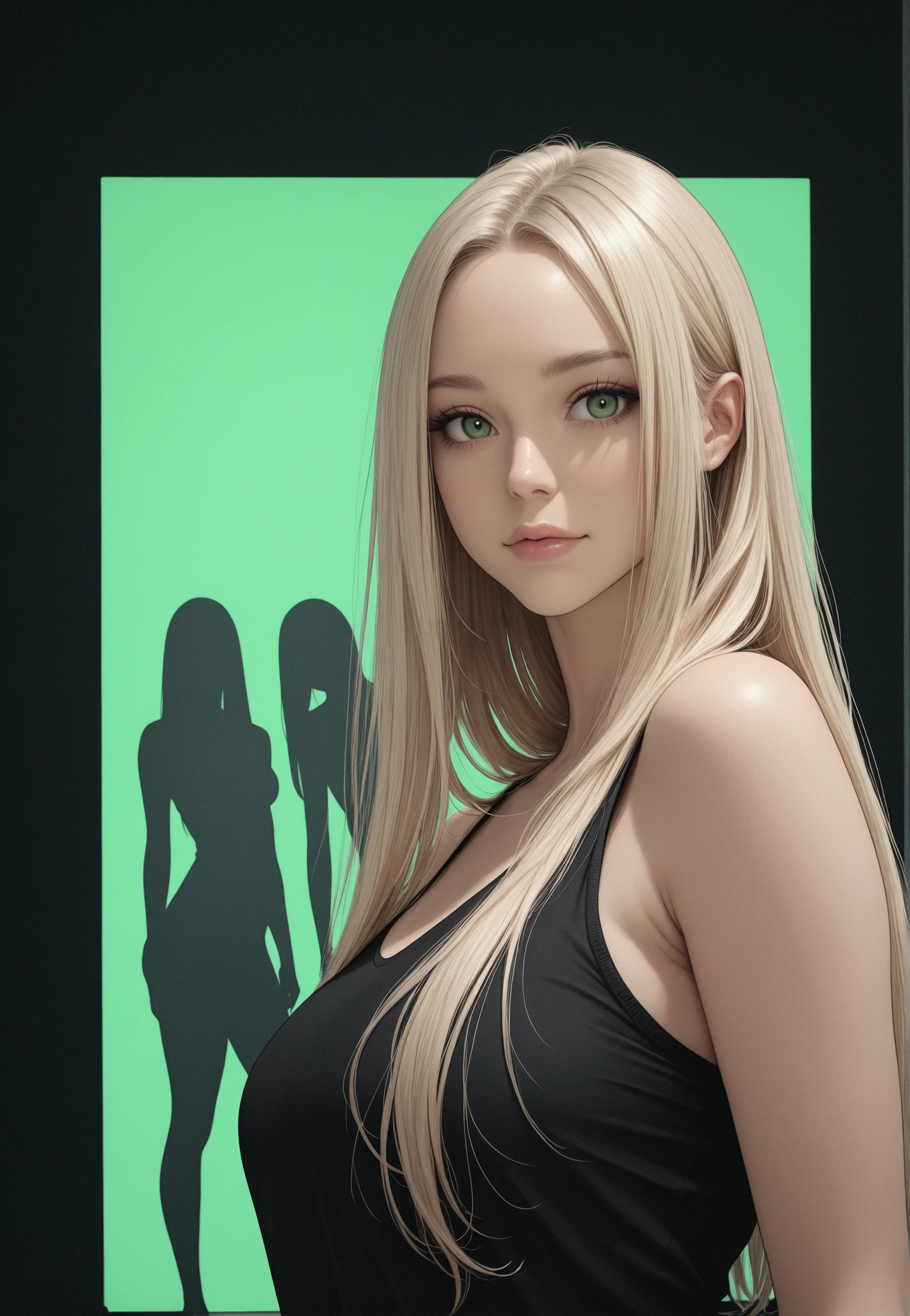 masterpiece, best quality, looking at viewer,
upper body view, 3 girls, long hair, female friendship, posing,
one giant square in background, black background, green background details,