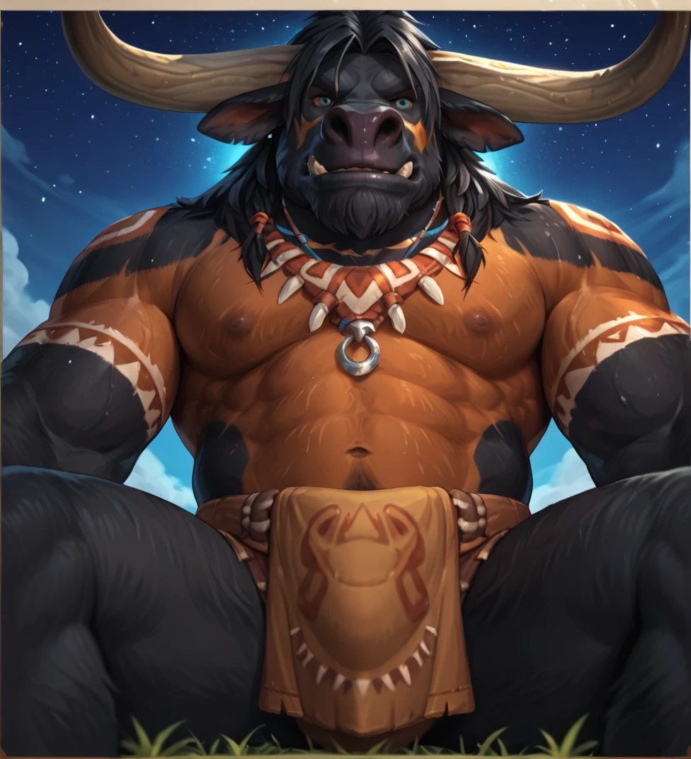 furry, anthro, african water buffalo:1.5, black body, (african tribal body painting:1.2), (realistic african buffalo horns, realistic huge balls, heavy smooth bovine testicles), solo, big brute and rough male:1.4, chubby, african tribal clothes, his penis is black short fat saggy and foreskin, standing in the african savannah inside a tribe:1.2, (walk:1.4), dripping, penis of cum:1.8, super detailed, detailed face, best art, 8k, vibrant, by snowskau:0.4, by taran fiddler:1.8, by RedRusker:1.8, art stile, 3D, halfbody,