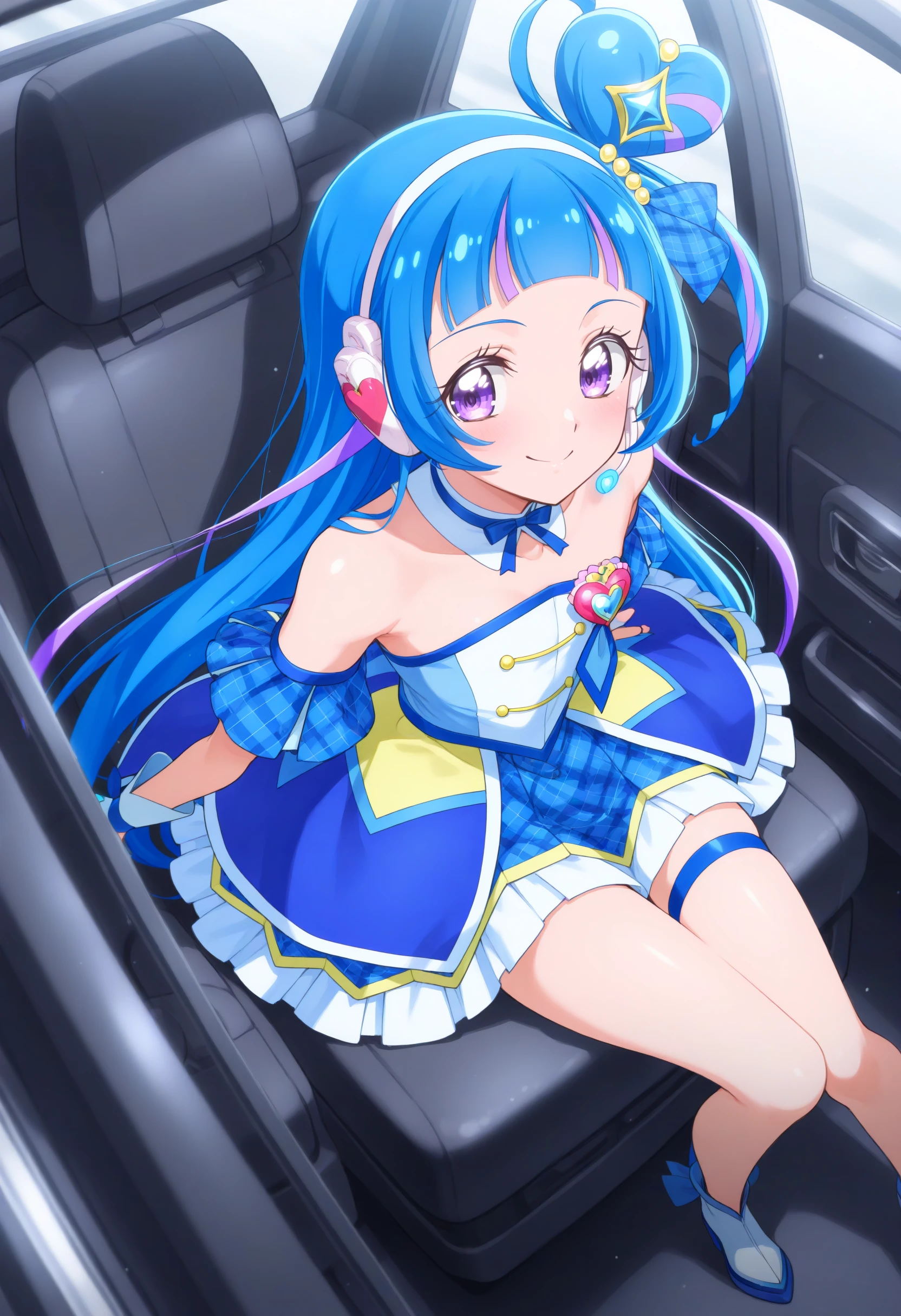 cure wink, kimi to idol precure, blue hair, magical girl, mini crown, purple eyes, blue dress, tilted headwear, very long hair, blunt bangs, bare shoulders, hairband, two-tone hair, purple hair, jewelry, idol clothes, idol,heart brooch, headset, thigh strap, <lora:curewink_Illust_v1:0.8>
masterpiece, best quality, newest, absurdres, CG, anime, source anime, illustration,
from above, feet out of frame, looking away, smirk, in car, closed mouth,