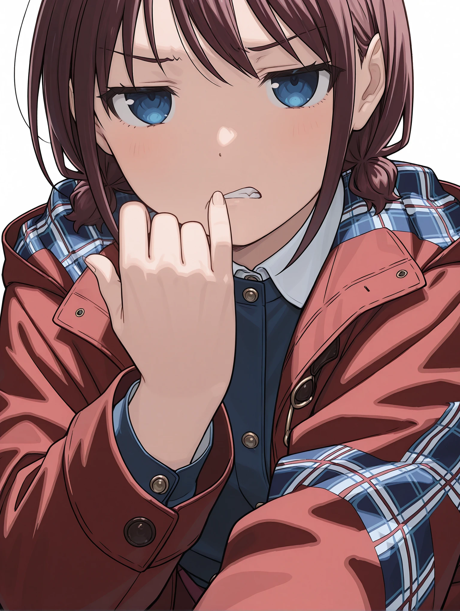 masterpiece,best quality,newest,1girl,solo,
<lora:NINA_ISERI_ilxl_v1:1>,nina_iseri,
<lora:Fixhands_anime_bdsqlsz_V1:1>,white_background,
looking_at_viewer,
simple_background,plaid,long sleeves,red coat,
upper_body,looking at viewer,pinky out,clenched_teeth,furrowed_brow,jitome,