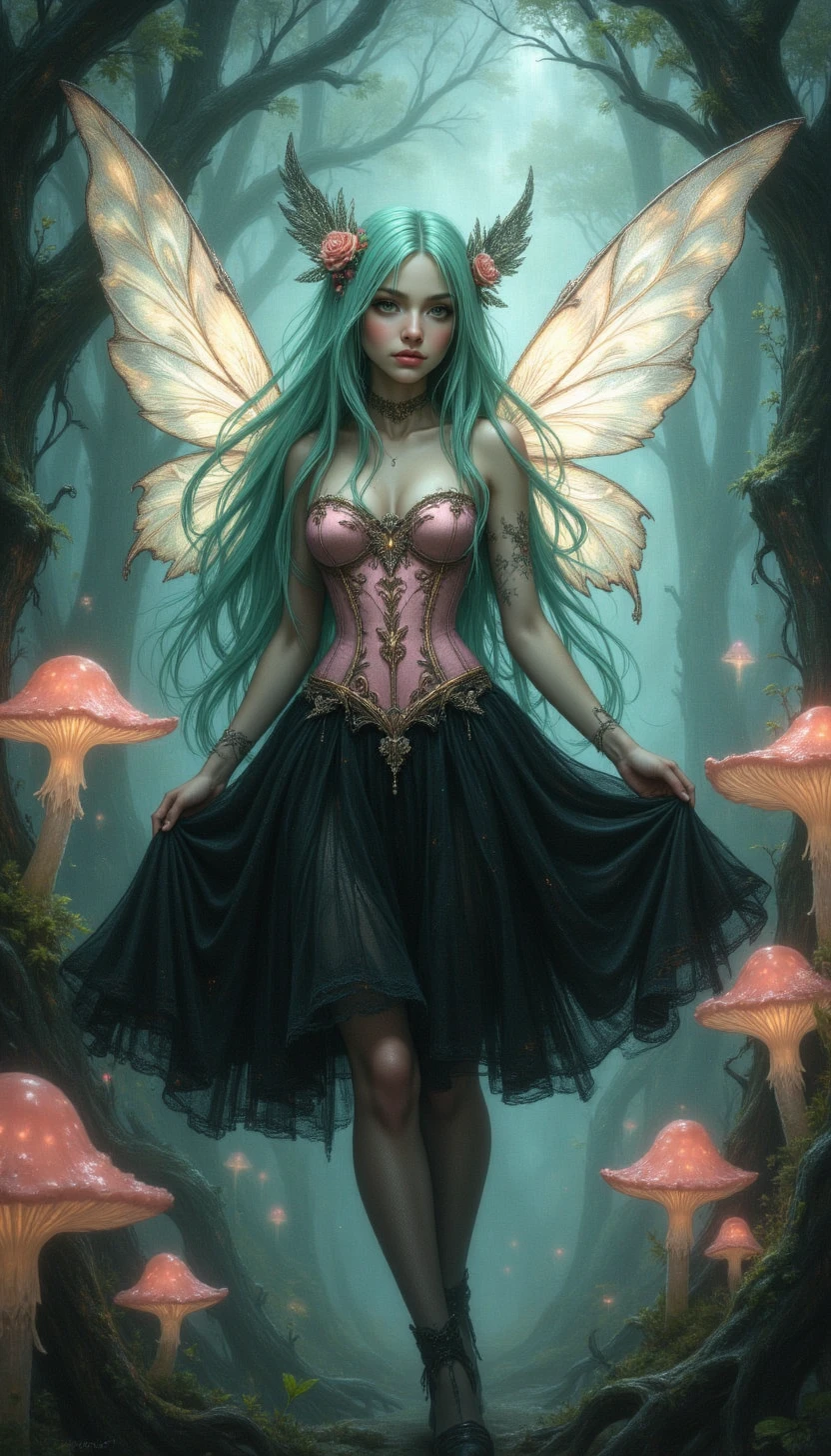 A high-quality digital artwork in the style of pinkdarkcanvas,
A fairy with mint-green hair and translucent wings, wearing a pastel pink corset over a black tulle skirt, flutters among glowing mushrooms and twisted trees.