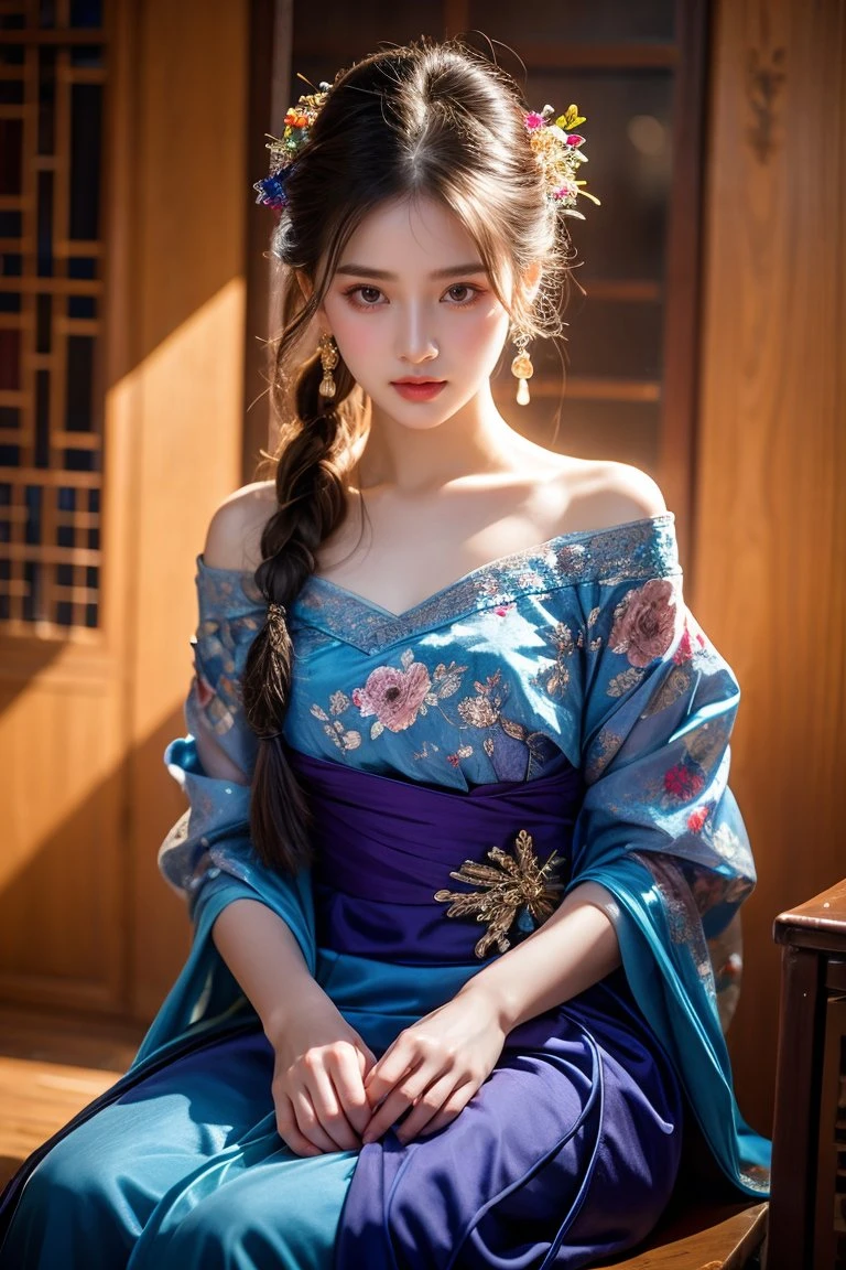 photorealistic, ultra realistic, masterpiece, best quality, HDR,UHD,8K,woman, purple dress, traditional attire, hanfu, intricate patterns, floral design, off-shoulder dress, long dress, blue and purple colors, hair ornaments, floral hair accessories, braided hairstyle, hairpins, dangling earrings, seated pose, delicate jewelry, chin-length earrings, indoor setting, lattice background, artistic photography, fashion, elegant, cultural clothing, historical reference, decorative details, feminine, delicate, graceful, subtle hand gesture, evening wear,<lora:Add More Details - Detail Enhancer _ Tweaker:0.5>, <lora:本地炼丹修手2:0.4> <lora:hans-修脚3:0.4>