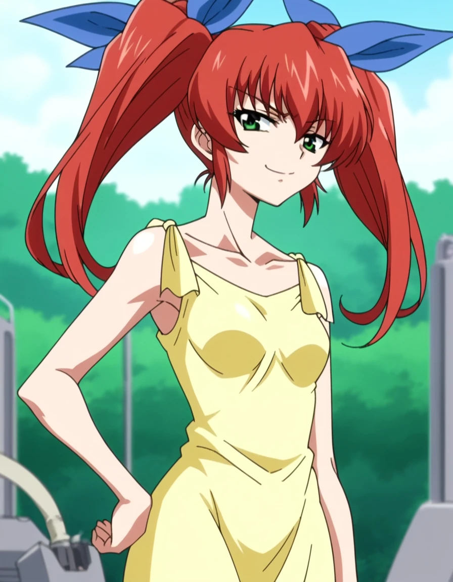 score_9, score_8_up, score_7_up, source_anime, <lora:takane-hiiragi-ova-ponyxl-lora-nochekaiser:1>, takane hiiragi, small breasts, mature female, green eyes, red hair, twintails, two side up, hair ribbon, blue ribbon, anime screencap, dress, yellow dress, collarbone, bare shoulders,, industrial, machinery, metal, large, factory, smile, smug, hand on own hip,, looking at viewer, solo,, cowboy shot, solo