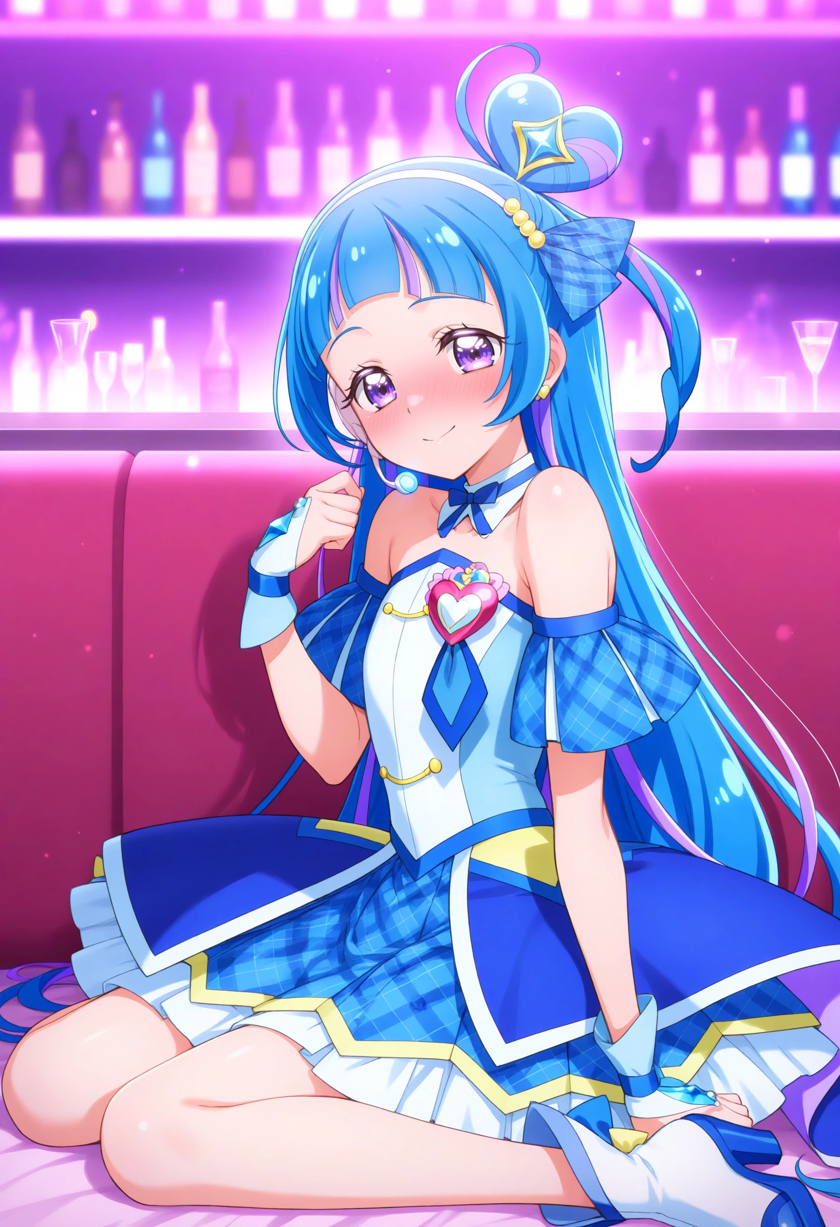cure wink, kimi to idol precure, blue hair, magical girl, mini crown, purple eyes, blue dress, tilted headwear, very long hair, blunt bangs, bare shoulders, hairband, two-tone hair, purple hair, jewelry, idol clothes, idol,headset, <lora:curewink_Illust_v1:0.8>
masterpiece, best quality, newest, absurdres, CG, anime, source anime, illustration,
from side, full body, looking to the side, drunk, resort pool, closed mouth