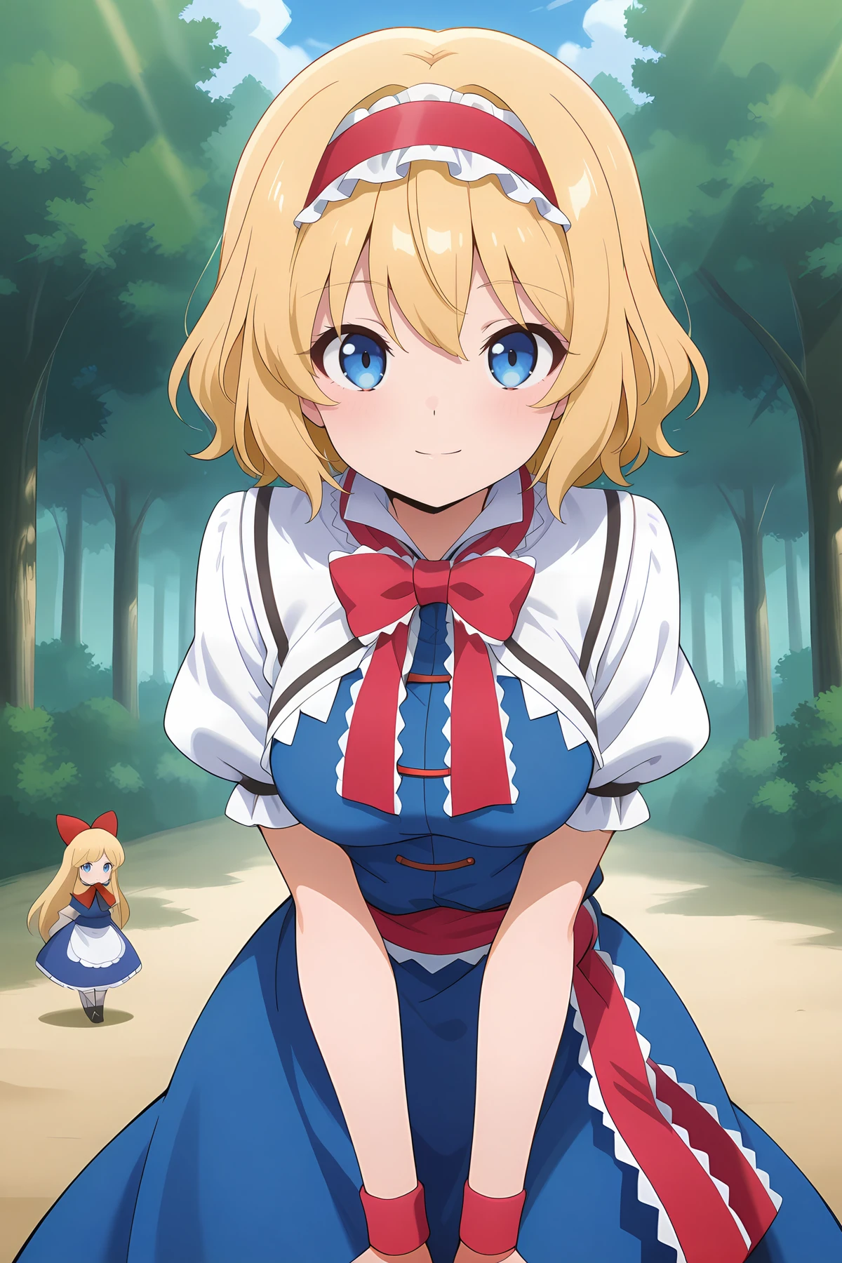 absurdres, highres, masterpiece, best quality, amazing quality, official anime artwork, screencap, anime screencap, outdoors, looking at viewer, light smile, dynamic pose,
 <lora:Alice-Margatroid_Illustrious:1> alice margatroid, 1girl, solo, blonde hair, blue eyes, short hair, breasts,, white shirt, puffy short sleeves, white capelet, blue dress, red hairband, frilled hairband, red bowtie, sash,  grimoire of alice, doll,