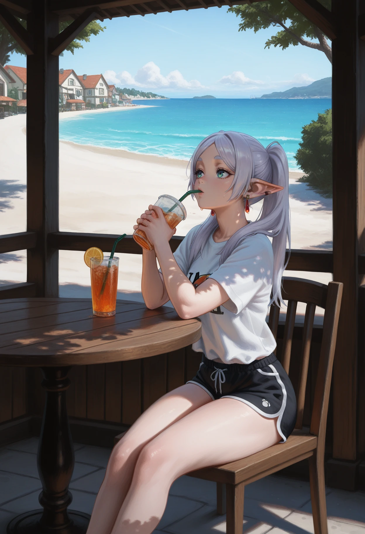 <lora:PaintedFantasyNovusV3:0.8> pa1nt1ng, frieren, drinking, detailed background, drinking straw,
(1girl, solo, sitting on a chair, earrings, dolphin shorts, thighs, elf, ear piercing:1.1), shore, sea, ocean, tree, shadow, shade, path, street, small coastal town, building, house, restaurant, masterpiece, best quality, amazing quality, intricate detail, highly detailed, absurdres,