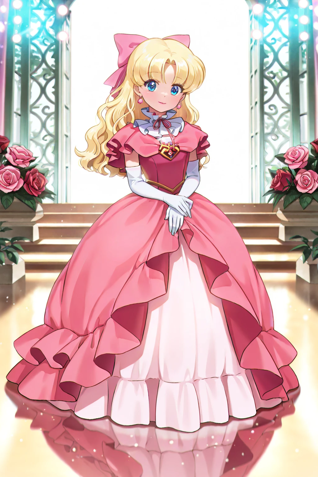 (masterpiece,best quality:1.3), amazing quality, 8k resolution, cinematic, traditional media, retro artstyle, very aesthetic, absurdres, nature, garden, flower, turning, head tilt, gentle expression, long hair, wavy hair, parted bangs, stage, bokeh, looking at viewer, lipstick, sunlight, day, beautiful visual, intricate, delicate features, (feet out of frame:1.1), (bloom), soft glow, (dancing), gown, pink dress, frilled collar, ribbon, frilled dress, layered dress, frills, pink bow, long hair, wavy hair, parted bangs, hair bow, white gloves, elbow gloves, jewelry, earrings, pink rose, (bloom), beautiful, rose, red rose, reflected light, digital art, cast shadow, sharp features. extremely detailed, volumetric lighting, soft particles, 16k, BREAK, atmosphere, high resolution, ultra-detailed, newest, scenery, depth of field, volumetric lighting, (blonde hair,blue eyes,nadja:1.4), pink theme