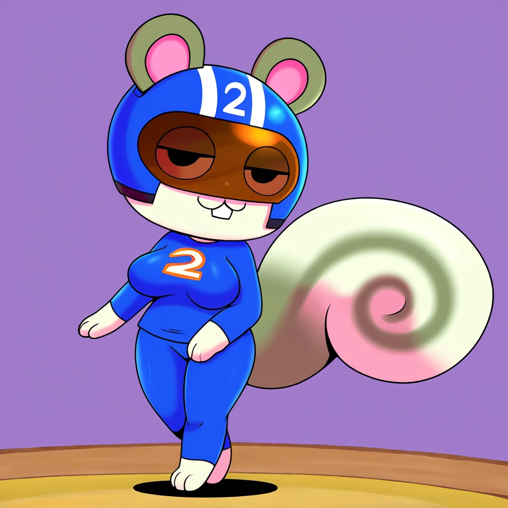 agent s \(animal crossing\), solo, 1girl, furry squirrel, squirrel tail, half-closed eyes, breasts, curvy, helmet, best quality, masterpiece, blue shirt