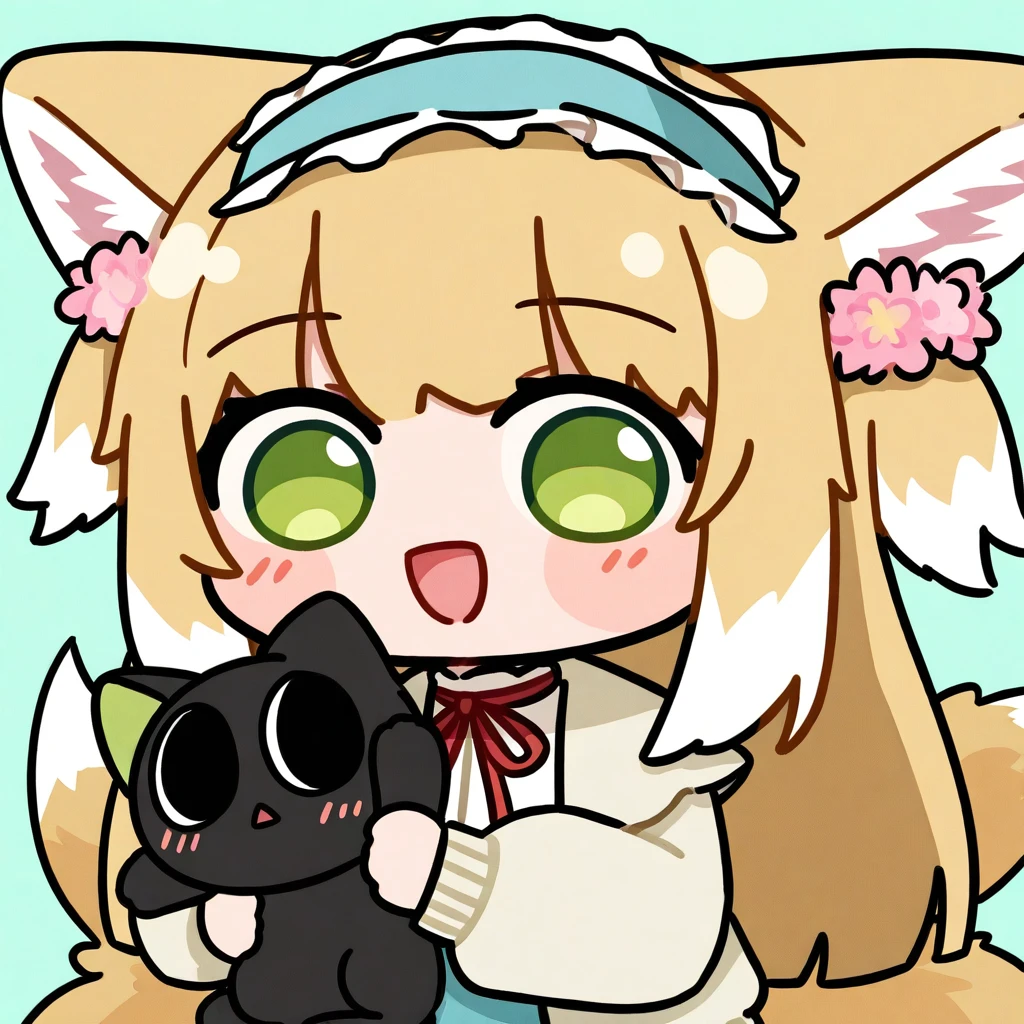 1girl,luo xiaohei,luo xiaohei \(cat\),suzuran \(arknights\),suzuran \(spring praise\) \(arknights\),arknights,luo xiaohei zhanji,:d,animal ears,black cat,blonde hair,blue background,blue hairband,blush,cat,fox ears,fox girl,frilled hairband,frills,green eyes,hairband,long sleeves,looking at viewer,multicolored hair,neck ribbon,official alternate costume,open mouth,red ribbon,ribbon,shirt,simple background,smile,solo,streaked hair,triangle mouth,upper body,white hair,white shirt,holding cat,holding animal,pink flower,kitsune,flower,blue skirt,two-tone hair,fox tail,long hair,colored tips,green background,cardigan,skirt,multiple tails,holding,tail,animal ear fluff,