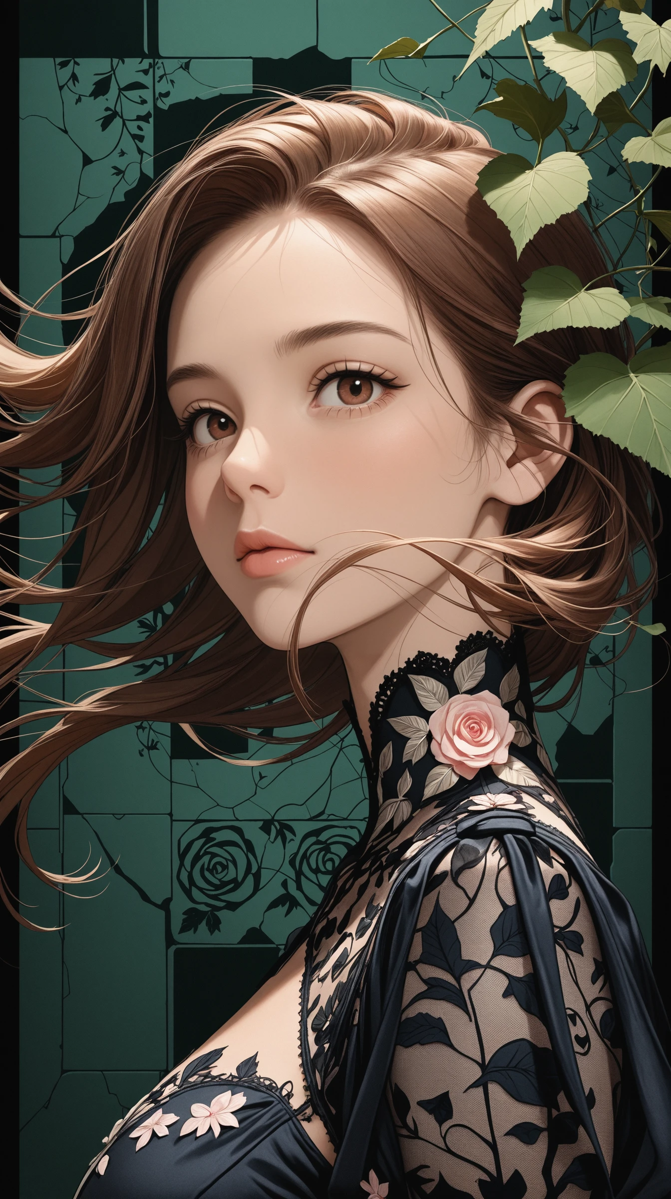 1girl, face, portrait, looking at viewer,
masterpiece,best quality,amazing quality,very aesthetic,absurdres,newest,detailed eyes,
brown eyes, haute couture,
face focus, side view, upper body view, dynamic angle,
(one giant square in background:1.4), black background, minimalistic composition, dark green background details, floating hair, underground, sewerage, floral print in background, ivy,
light from one side, dark shadow,