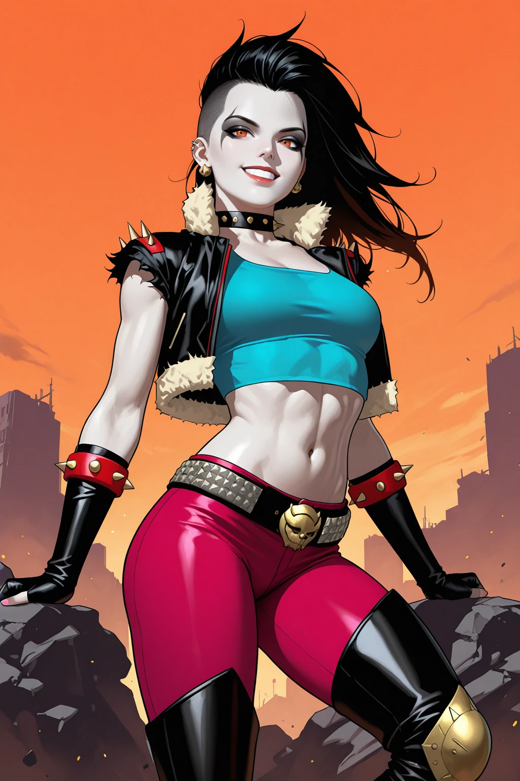 masterpiece, good quality, best quality, very awa, very as2, absurdres, highres, realistic
<lora:CrushilluLoRA:1>crsh, pale skin, (facepaint), long hair, top, cropped jacket, fingerless gloves, fur trim, mohawk, spiked bracelet, studded belt, pants, earrings, midriff, thigh boots, spiked collar, knee pad,
<lora:80FantasyStyleilluLYCO:0.8> fantastyle, sexy pose, smile, orange sky, cowboy shot