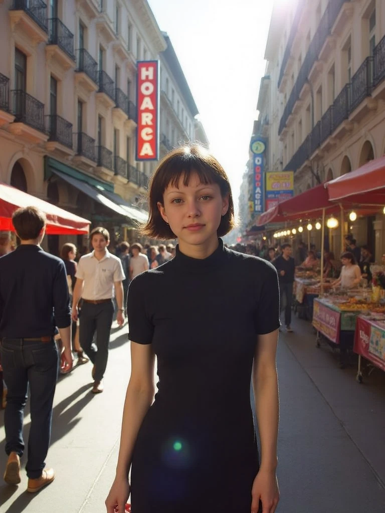 A young woman walks confidently through a bustling city street at night, wearing a turtleneck dress. Her relaxed and effortless style blends seamlessly with the vibrant energy of the scene, yet subtly stands out amidst the crowd in contemporary attire. The street is alive with activity—vendors showcasing their goods, colorful signs illuminating the surroundings, and a mix of historic and modern buildings adding depth to the backdrop. Sunlight filters through the gaps between buildings, casting a warm glow that highlights her calm and composed demeanor amidst the urban vibrancy.