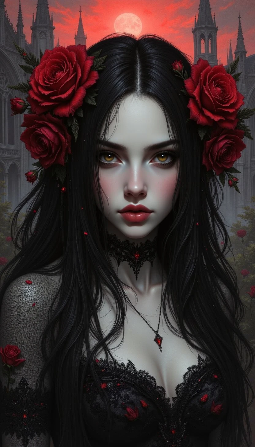A high-quality digital artwork in the style of pinkdarkcanvas,
A hauntingly beautiful woman with porcelain skin, deep crimson lips, and piercing golden eyes. Her raven-black hair is adorned with blood-red roses, their petals seemingly made of velvet. She wears an intricate black lace gown with delicate embroidery in the shape of thorned vines. Behind her, an abandoned gothic cathedral with towering stained-glass windows glows under a crimson sunset.