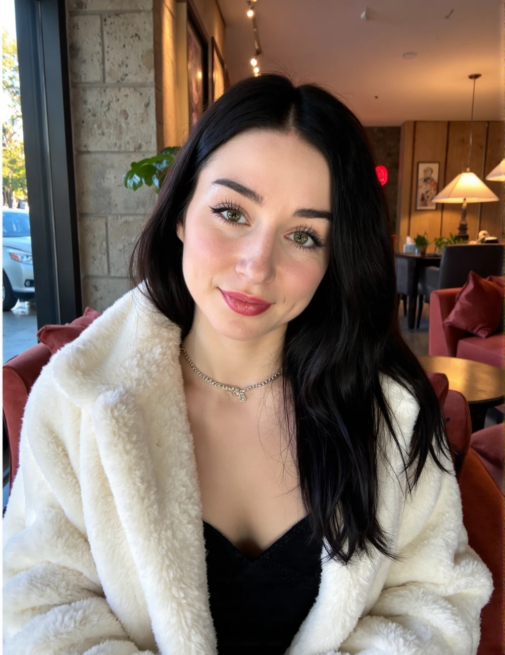 close-up headshot portrait shot on Fujifilm XT-50 of masha woman sitting at a cozy cafe wearing a fuzzy white fur coat over a black velour dress <lora:SkinDetails_flux_lora_v8:.55> <lora:flux_realism_lora:.75> <lora:Hand v2:1> the woman has plump lips with shiny PINK lipgloss, the woman has a smile on her face, dark eyeliner, young adult woman in her mid 20's, facing the viewer straight on and making eye contact with the viewer, the woman has smooth skin and no wrinkles on her face, the woman has DARK black layered hair <lora:MashaKata:1> shiny healthy long textured hair