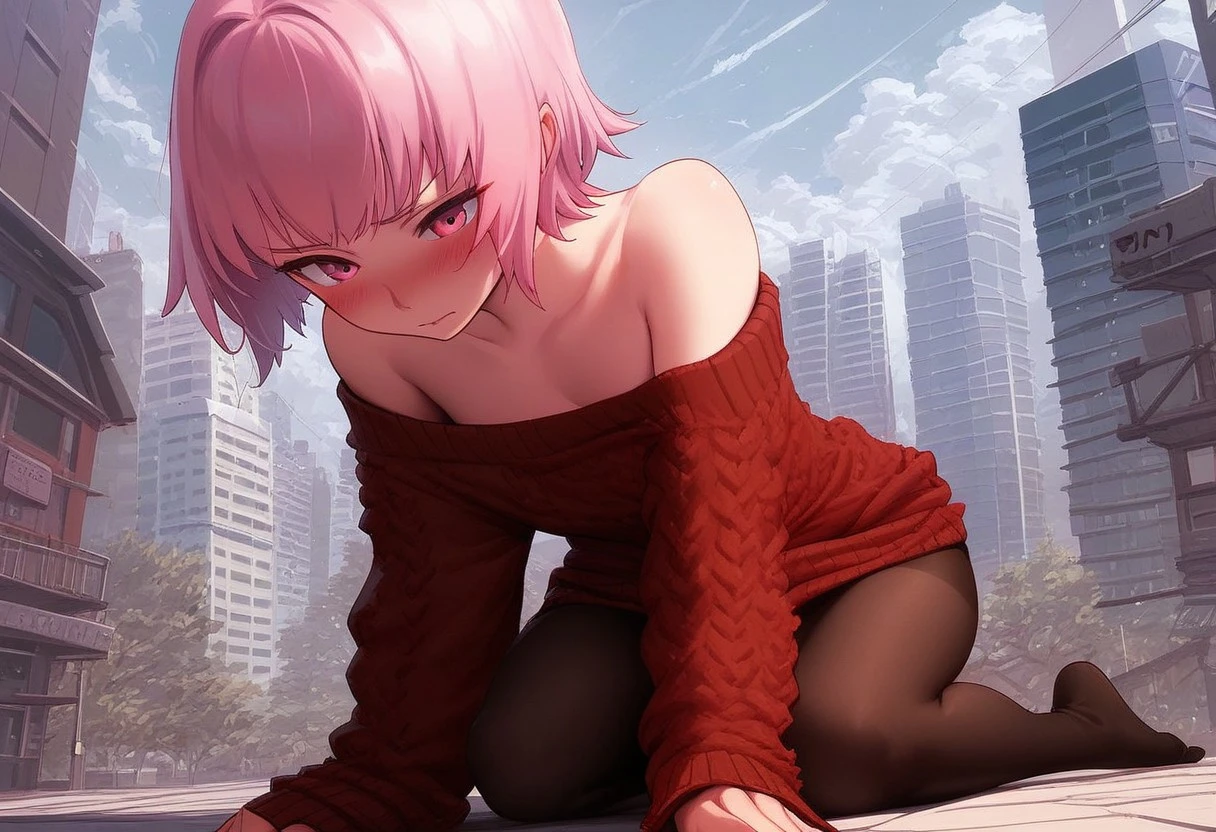 ,score_9, score_8_up, score_7_up, score_6_up, score_5_up,(solo:1.9),1girl,
BREAK
Tamao Tamamura , pink hair, pink eyes, short hair, (small breasts),on knees,
BREAK,
bare shoulders, collarbone, dress, long sleeves, off shoulder, off-shoulder dress, off-shoulder sweater, pantyhose, red sweater, sweater, sweater dress, clothes lift, shirt lift, removing shirt, taking top off, thighs, blush, blushing female, pose sexy, lying down
BREAK
daytime,city , city view, buildings