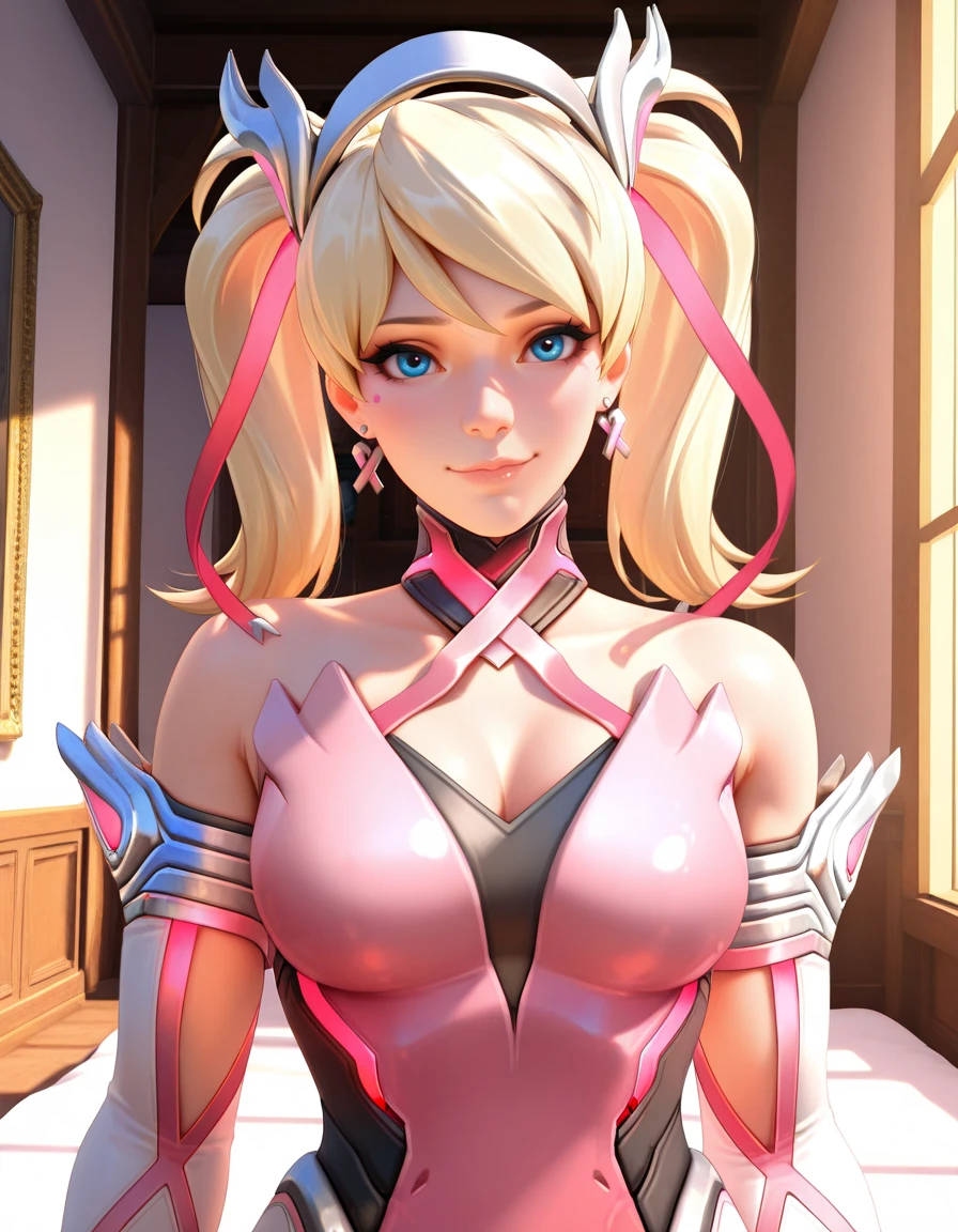 highres, masterpiece, perfect ligthing, bloom, cinematic lighting, adult, perfect skin, female,1girl,solo, (PrincessPeach), (Princess Peach), (Jumpsuit:1.5), Racing suit, detailled eyes, blue eyes, choker,heavily makeup, glossy lips, pink lips,smile,glossy skin,oily skin,beautiful light,cowboy shot,
