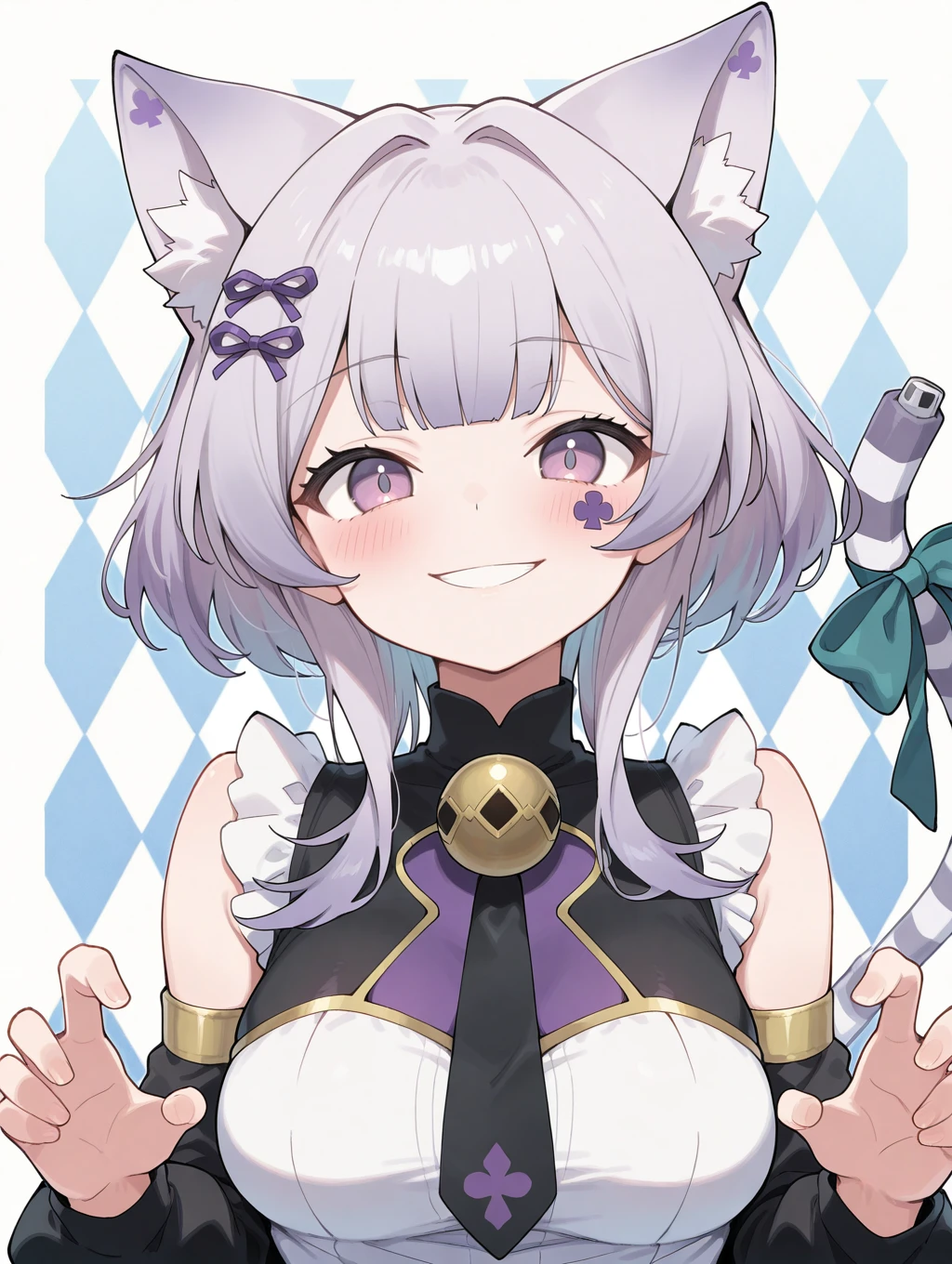 malice pawn cheshire cat, 1girl, solo, looking at viewer, upper body, medium breasts, grin, blush, argyle background, holographic interface, neck bell, detached sleeves, black shorts, cat girl, black dress, purple club facial mark, green tail ribbon
masterpiece,best quality,amazing quality,very aesthetic,absurdres,newest,<lora:MALICE Pawn Cheshire Cat illuXL v1:0.7>,