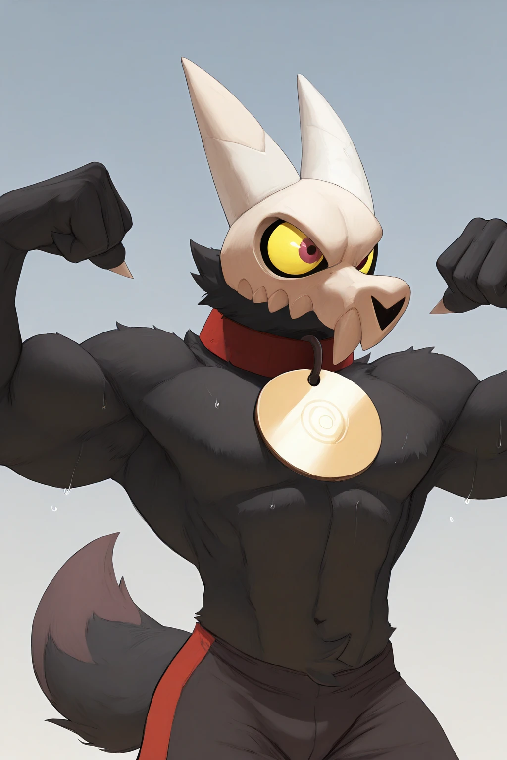 masterpiece, good quality, best quality, very awa, very as2, absurdres, highres , realistic
<lora:King ClawthorneilluLoRA:1>kngclw, skull helmet, teeth, pokemon (creature), colored sclera, red collar with circle pet tag, claws, tail, (very muscular male), toned, shorts, at a gym, double biceps pose, sweat, angry, open mouth, public