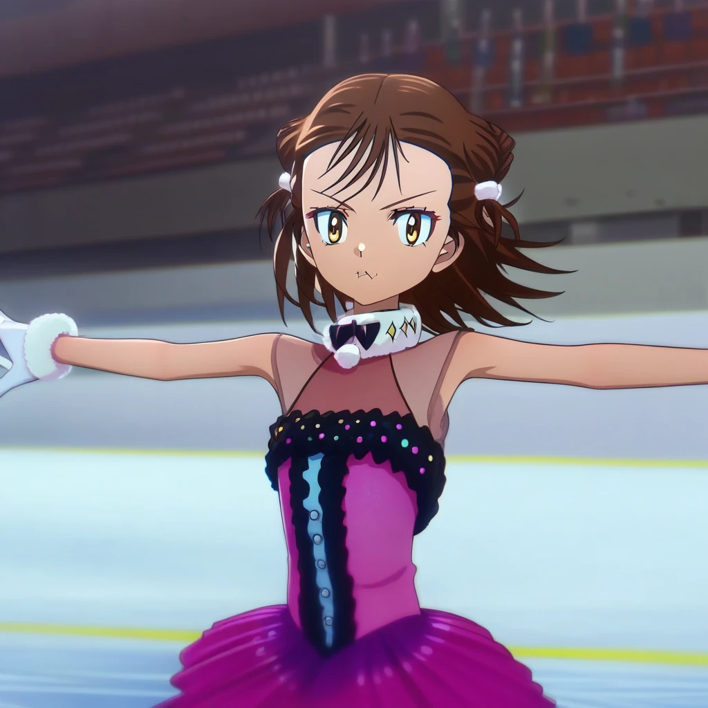 score_9, score_8_up, score_7_up, source_cartoon, perfect lighting, very aesthetic, intricate details, highly detailed background, high quality, perfect hands, 5 fingers, petite, short girl, 1girl, solo, ryouka miketa, medalist, yellow eyes, brown hair,cone hair bun,double bun, hair ornament,short hair, skate costume, skating, dancing,