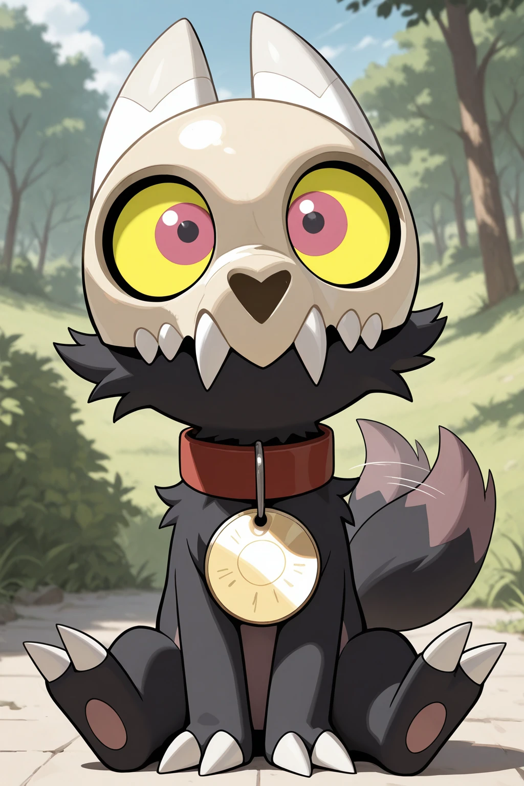 masterpiece, good quality, best quality, very awa, very as2, absurdres, highres
<lora:King ClawthorneilluLoRA:1>kngclw, skull helmet, teeth, pokemon (creature), colored sclera, red collar with circle pet tag, claws, tail, sitting, curious, tail wagging, outdoors
