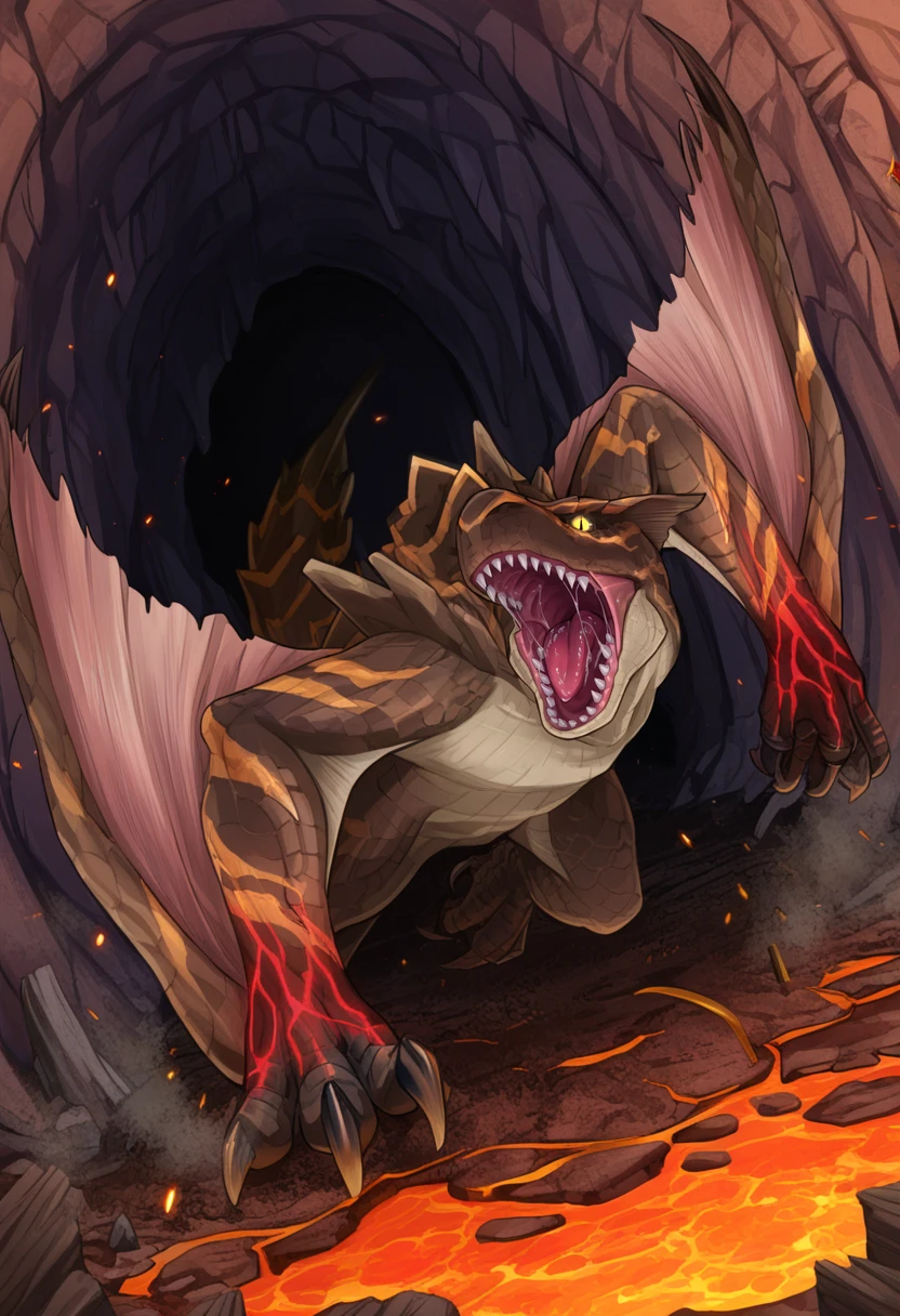 Yigrex Background There is a dragon that is in a cave with fire - SeaArt AI