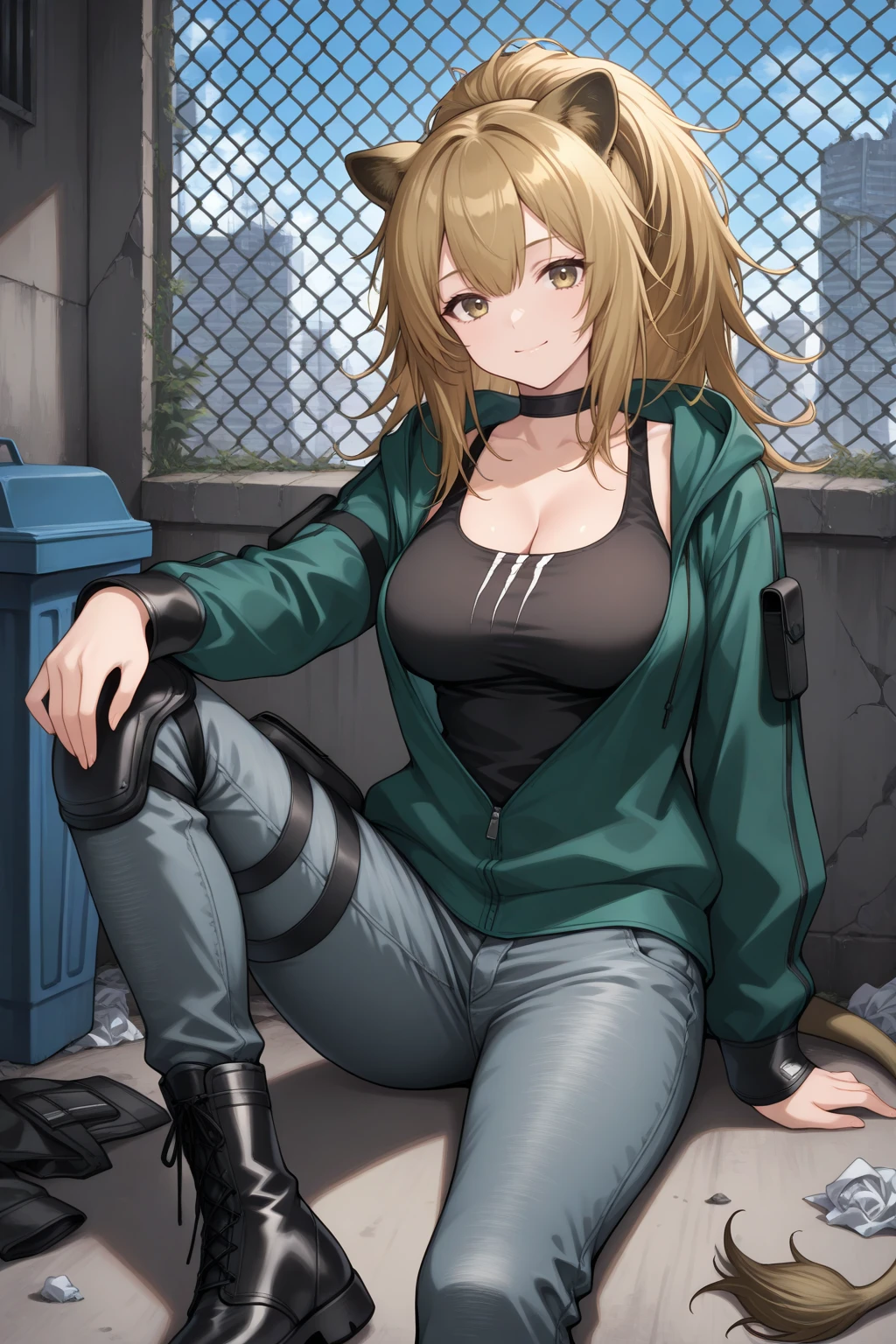 masterpiece, best quality, smile, 1girl, si3g3, large breasts, lion ears, lion tail, yellow eyes, blonde hair, hair between eyes, sidelocks, ponytail, long hair, black choker, green jacket, hooded jacket, partially unzipped, arm pouch, arm strap, black tank top, cleavage, jeans, thigh strap, thigh pouch, knee pads, black boots, on floor, sitting, outdoors, city, abandoned, chain-link fence, blue sky, trash can, blue sky, skyscraper, <lora:Hoseki_Arknights_Siege_lllustriousXL:1>