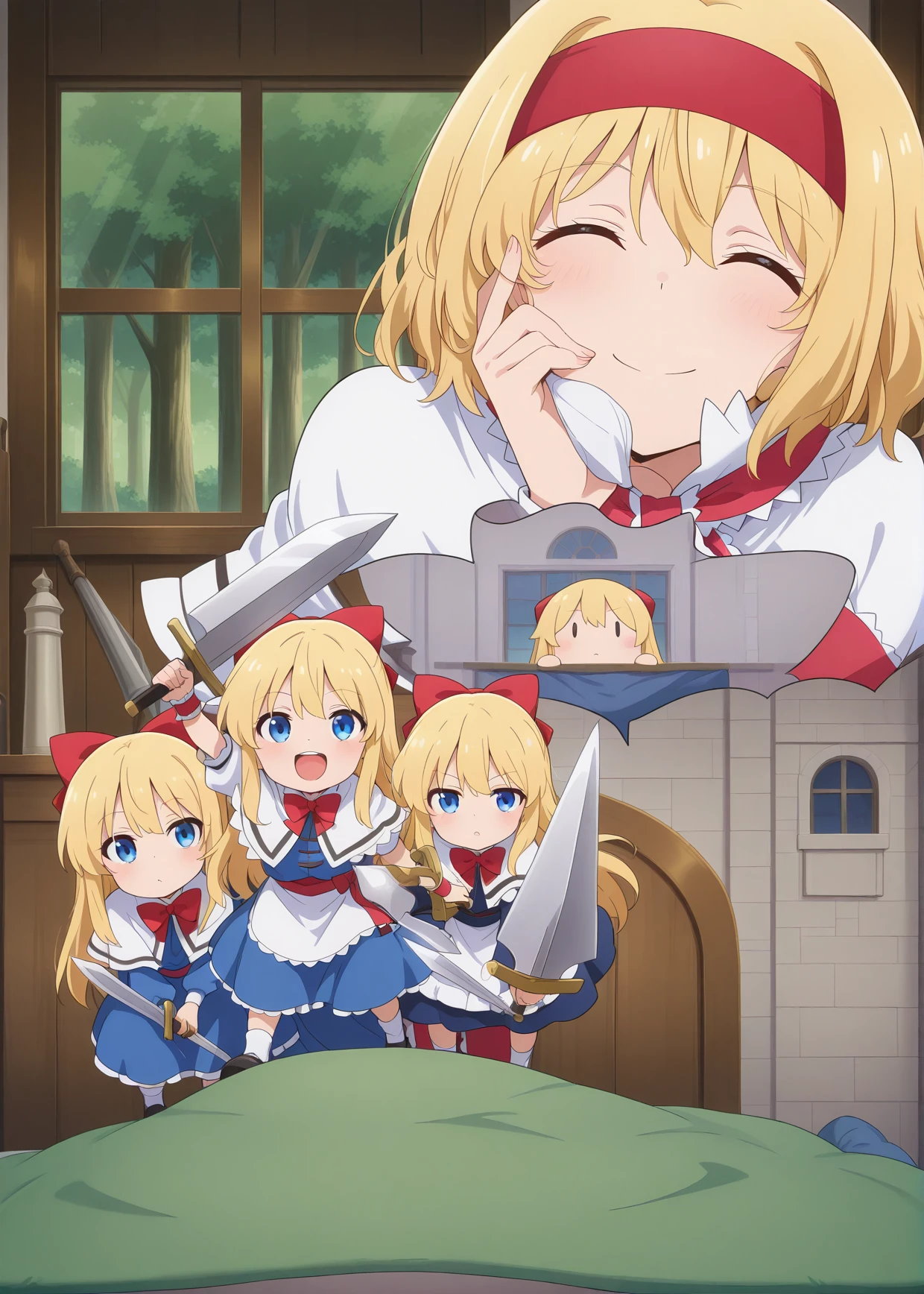absurdres, highres, masterpiece, best quality, amazing quality, official anime artwork, screencap, anime screencap, indoors, window, closed eyes hand on cheek, smile, 
 <lora:Alice-Margatroid_Illustrious:1> alice margatroid, 1girl, solo, blonde hair, blue eyes, short hair, breasts,, white shirt, puffy short sleeves, white capelet, blue dress, red hairband, frilled hairband, red bowtie, sash, doll, shanghai doll, swords,