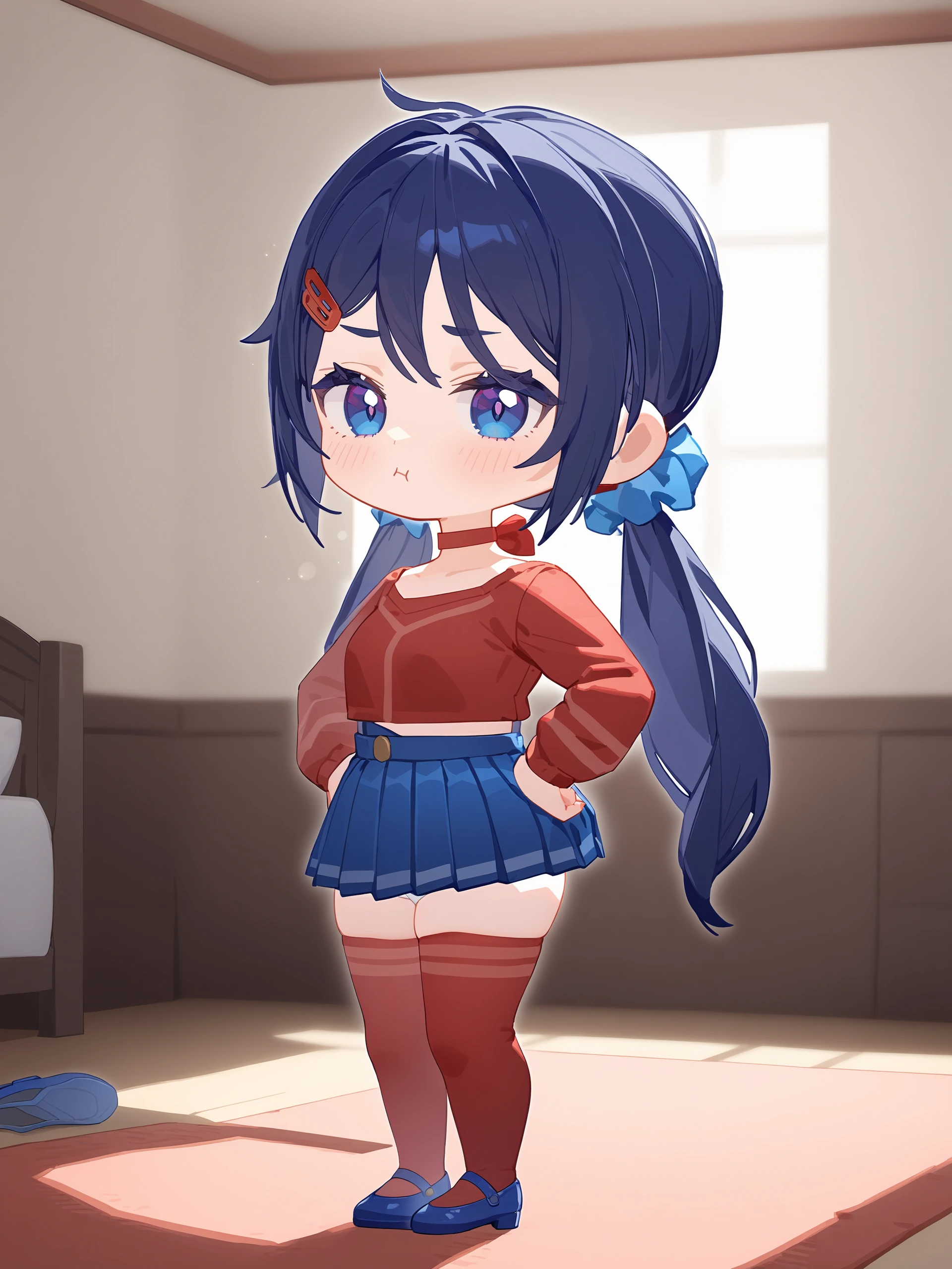 illustration, incredibly absurdres, ultra detailed, masterpiece, best quality, perfect features, intricate details, ray tracing, very aesthetic,  <lora:Char-Miside-Mita-V1-SDXL:1:hr=0.6>,  1girl, mita \(miside\), chibi, solo, low twintails, hairclip, hair scrunchie, red shirt, red ribbon choker, blue pleated skirt, red thighhighs, blue mary janes, hands on own hips, standing, full body, pout, looking at viewer, indoors, bedroom, depth of field