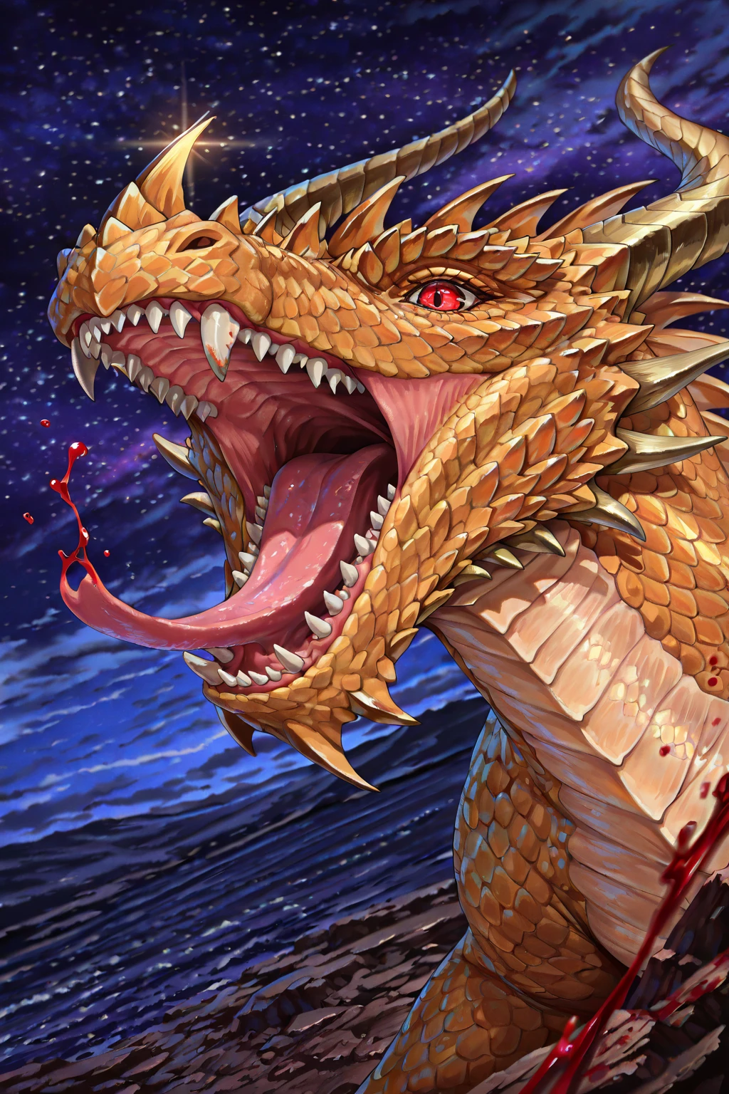 (masterpiece, best quality:1.4), top quality, (8k resolution),scenery, tal1sman, fantasy, ultra-detailed portrait, traditional media, retro artstyle, cinematic scene, dutch angle, open_mouth, red_eyes, sky, teeth, tongue, (no_humans:1.3), blood, night, sharp_teeth, star_(sky), starry_sky, monster, dragon, scales,atmosphere, ambient, (Volumetric lighting), BREAK, amazing quality,very aesthetic,high resolution,ultra-detailed,absurdres,newest,depth of field,masterpiece, (extremely detailed background),hyper-Detailed, (dark:1.3), low key lighting