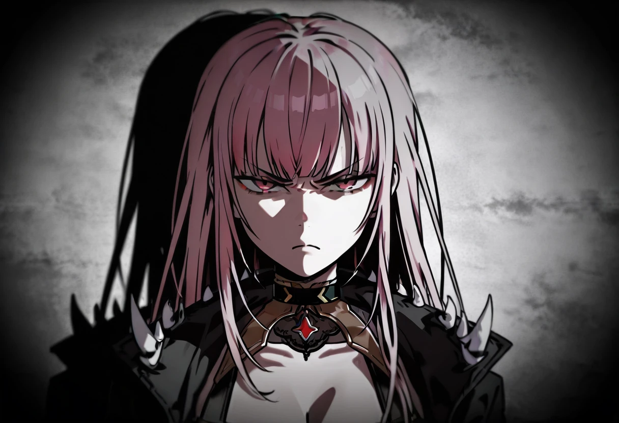 angrystarememe, 1girl, mori calliope, half-closed eyes, shadow, glaring, frown, scowl, serious, angry, v-shaped eyebrows, looking at viewer, upper body, collar bone, photo background, right aligned