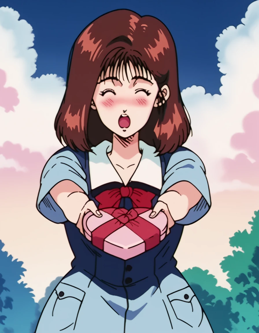 score_9, score_8_up, score_7_up, source_anime, <lora:haruko-akagi-s1-ponyxl-lora-nochekaiser:1>, haruko akagi, brown hair, medium hair, blue eyes, medium breasts, retro artstyle, anime screencap, <lora:heart-shaped-box-ponyxl-lora-nochekaiser:1>, heart-shaped box, holding, box, gift, valentine, incoming gift, closed eyes, blush, open mouth, outstretched arms, outdoors, night sky, clouds, shouting,, , cowboy shot, solo