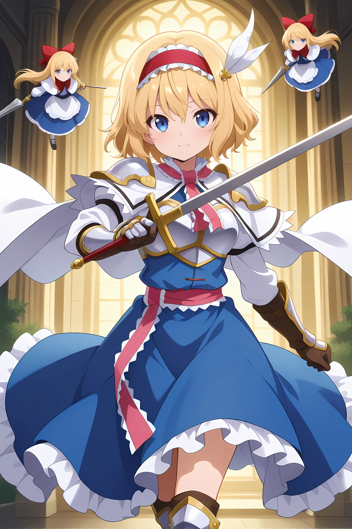 absurdres, highres, masterpiece, best quality, amazing quality, official anime artwork, screencap, anime screencap, outdoors, looking at viewer, light smile, dynamic pose,
<lora:Alice-Margatroid_Illustrious:1> alice margatroid, 1girl, solo, blonde hair, blue eyes, short hair, breasts,, alice margatroid \(magical girl of constellations\), shanghai doll, adapted costume, armor, belt, breastplate, dress, frilled hairband, frills, hairband, holding sword, red hairband, short hair, gloves, footwear, long sleeves, armor gloves, armor boots, hat feather, white sleeves, white cape, shoulder armor, rapiere,