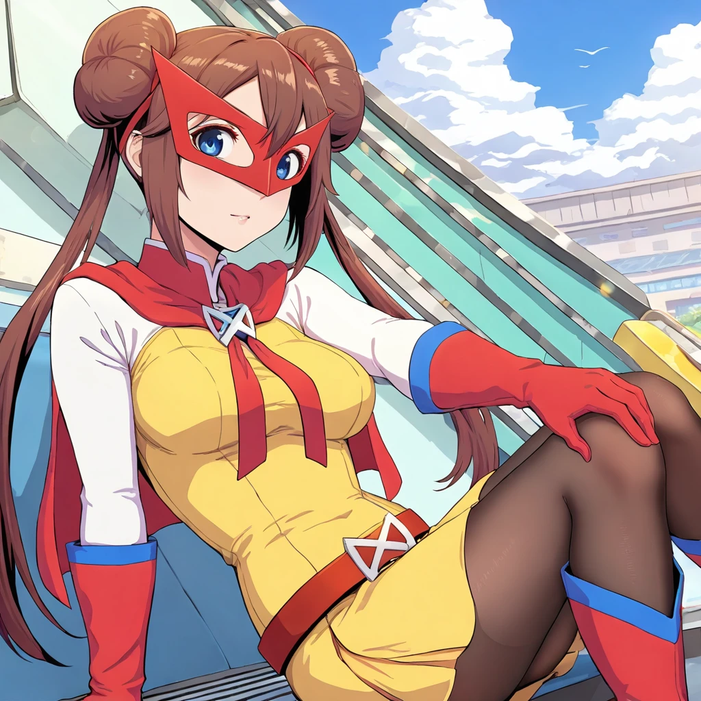 [hinosaki], leveen, masterpiece, best quality, amazing quality, 1girl, solo, sitting, sunny, sky, rosagirl, brown_hair, blue_eyes, double_bun, twintails, superhero, yellow_dress, white_sleeves, red_cape, domino_mask, red_mask, red_gloves, belt, white_pantyhose, red_footwear, knee_boots