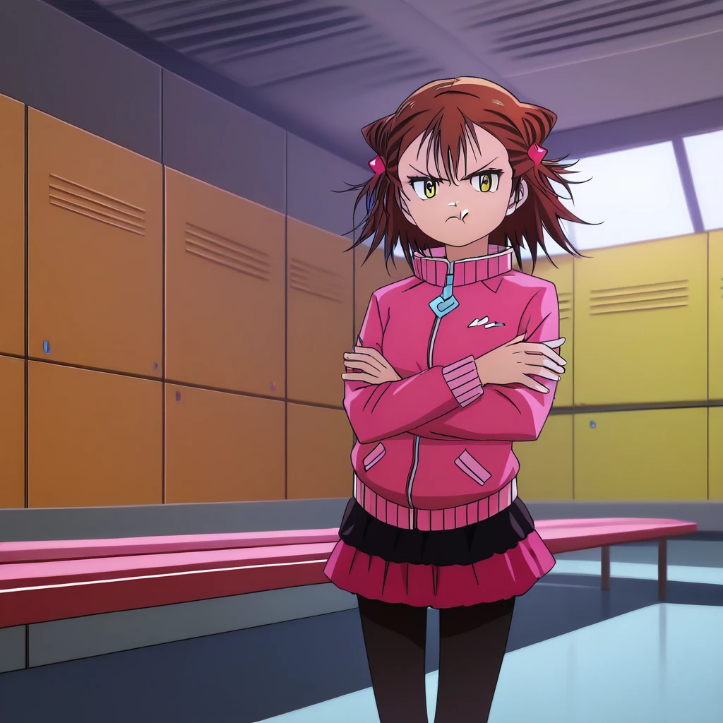 score_9, score_8_up, score_7_up, source_cartoon, perfect lighting, very aesthetic, intricate details, highly detailed background, high quality, perfect hands, 5 fingers, petite, short girl, 1girl, solo, ryouka miketa, medalist, yellow eyes, brown hair,cone hair bun,double bun, hair ornament,short hair,pink jacket,long sleeves,black pantyhose,skirt, standing, crossed arms, looking at viewer, angry, closed mouth, indoors, locker room, locker,