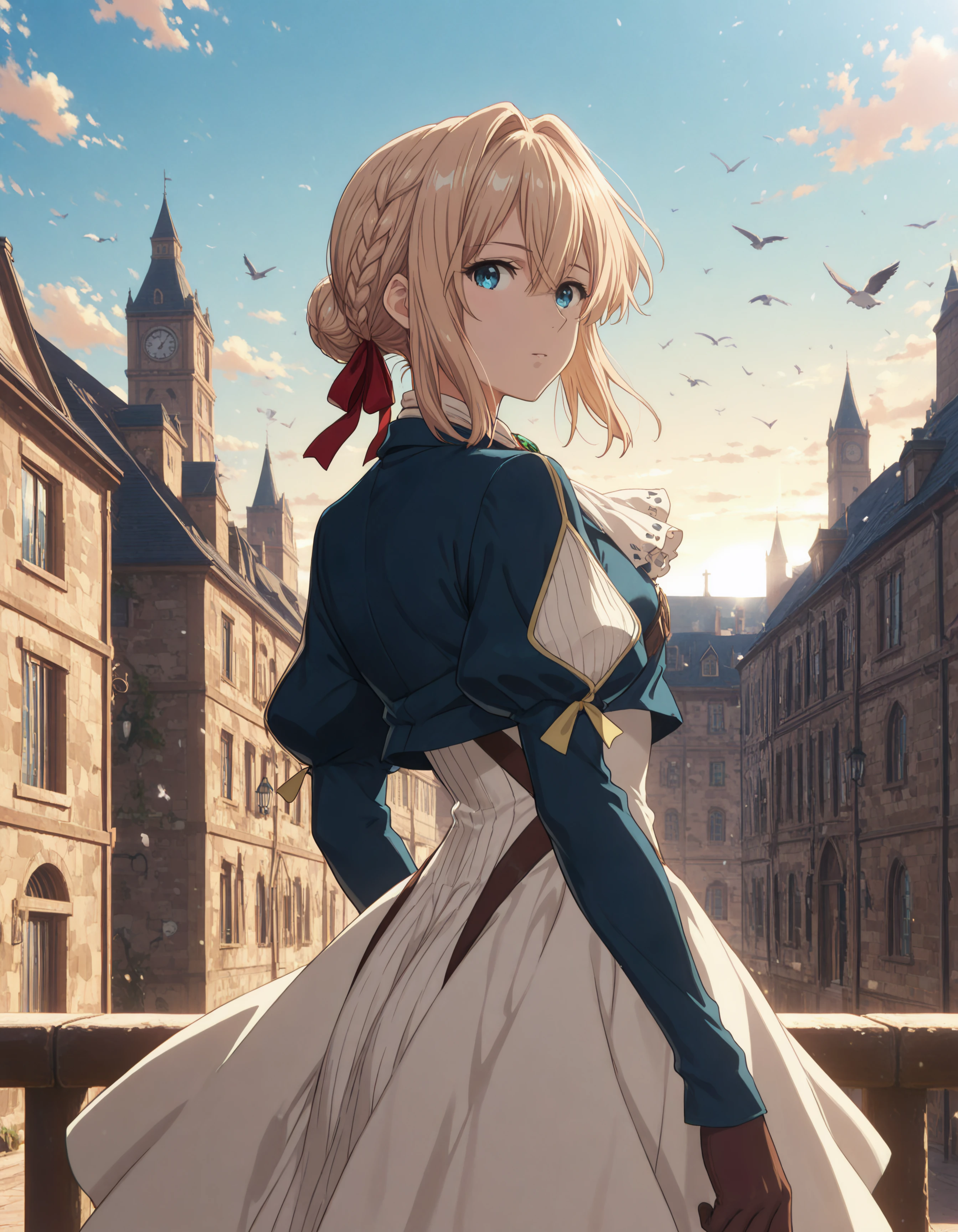 blonde hair, voilett, big blue eyes, silver prosthetic arms, blue eyes, 1girl, solo, looking_at_viewer, short_hair, blue_eyes, skirt, blonde_hair, long_sleeves, gloves, dress, ribbon, hair_between_eyes, jewelry, standing, jacket, braid, hair_ribbon, sidelocks, outdoors, cowboy_shot, parted_lips, sky, day, puffy_sleeves, looking_back, white_dress, necklace, hair_bun, from_behind, blue_sky, red_ribbon, ascot, bird, hair_intakes, white_skirt, blue_jacket, single_hair_bun, juliet_sleeves, gem, building, french_braid, cropped_jacket, brown_gloves, yellow_ribbon, white_ascot, braided_bun,
hdr, low contrast, masterpiece, best quality, absurdres, highres, perfect anatomy, anime style, anime screenshot, 8k wallpaper, ultra high quality, extremely detailed cg, perfect lighting, (sharp image)