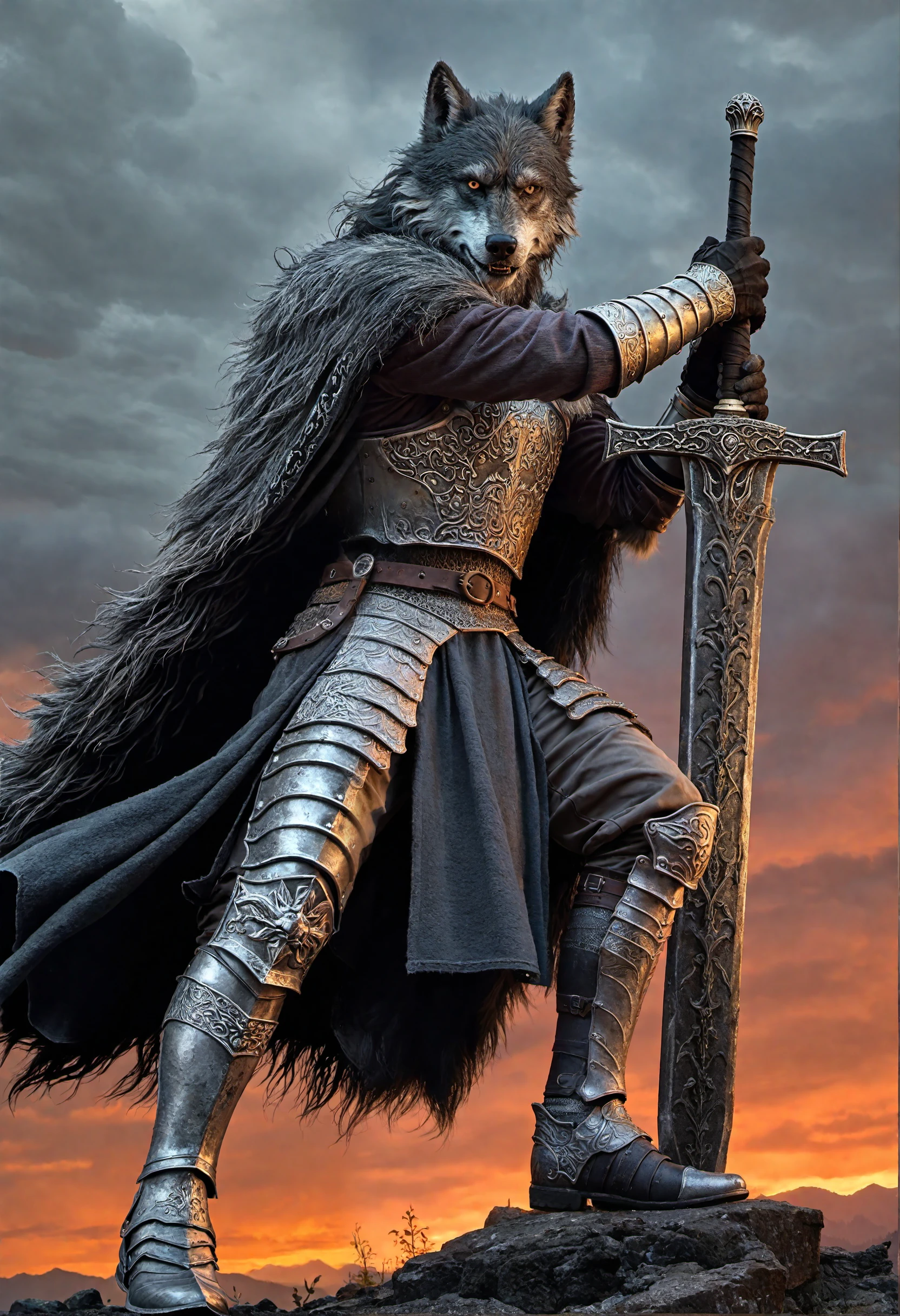 photorealistic, (blaidd the half-wolf, elden ring, 1boy, furry male, wolf boy, fur cloak, cape, huge weapon, animal head, breastplate, gauntlets, greatsword), action pose, extreme detail, dramatic angle, heroic, rune sword, mountaintop, stormy skies, red-orange skies, clouds