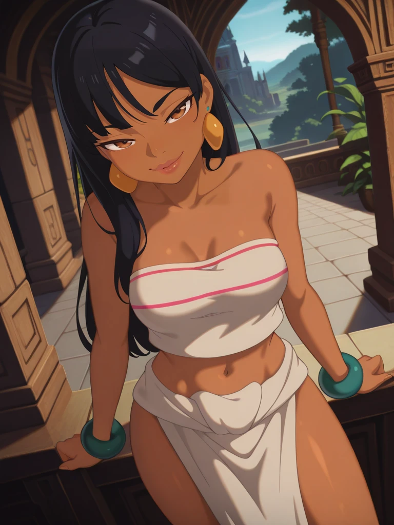 highres, hi res, best quality, masterpiece, intricate details, absurdres, 4k,, Theobrobine, anime coloring, anime screencap,,
1girl, medium breasts, (ChelXL:1.1), long hair, black hair, bangs, brown eyes, dark skin, lips, earrings, tube top, strapless, midriff, bracelet, loincloth, pelvic curtain,
naughty face, dutch angle, naughty pose, looking at viewer, dynamic pose, cowboy shot, head tilt, from above, dutch angle, hands at side, vegetation, palace,
<lora:Chel-ILV1:0.9> <lora:Antifreeze_IllXL:0.4> <lora:Theobrobine:0.4> <lora:Eufoniuz_Anime_Screencap_Illustrious:0.8>