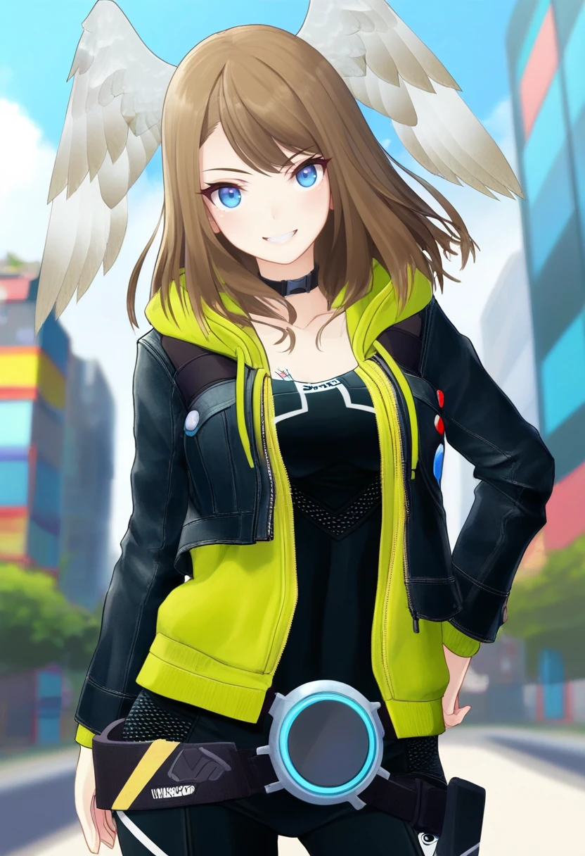 masterpiece, best quality, good quality, 1girl, solo, cowboy shot, casual, leather jacket, black bodysuit, jacket buttons, belt, eunie, blue eyes, medium hair, head wings, outdoors, depth of field<lora:eunie illustrious 008:1>