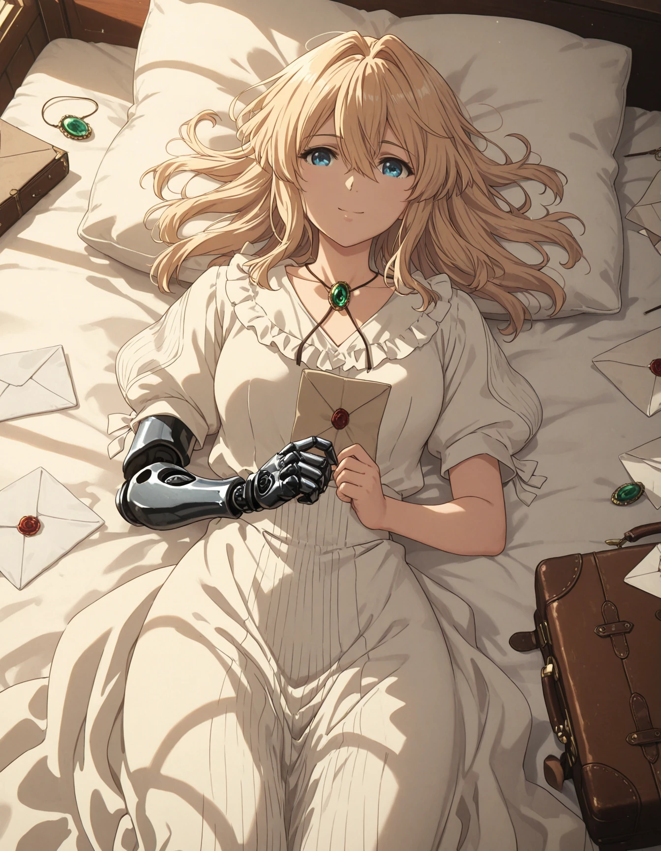 blonde hair, voilett, big blue eyes, silver prosthetic arms, blue eyes, 1girl, solo, long_hair, smile, blue_eyes, blonde_hair, dress, holding, ribbon, hair_between_eyes, closed_mouth, jewelry, short_sleeves, frills, lying, indoors, white_dress, necklace, pillow, book, bed, on_bed, from_above, hair_intakes, on_side, gem, brooch, pendant, hair_down, paper, long_dress, mechanical_arms, hair_spread_out, prosthesis, single_mechanical_arm, holding_paper, suitcase, amputee, letter, looking_at_object, envelope, prosthetic_arm, green_gemstone, window_shade, mechanical_hands, bolo_tie, holding_envelope, holding_jewelry, holding_letter, double_amputee, unworn_jewelry,
hdr, low contrast, masterpiece, best quality, absurdres, highres, perfect anatomy, anime style, anime screenshot, 8k wallpaper, ultra high quality, extremely detailed cg, perfect lighting, (sharp image)