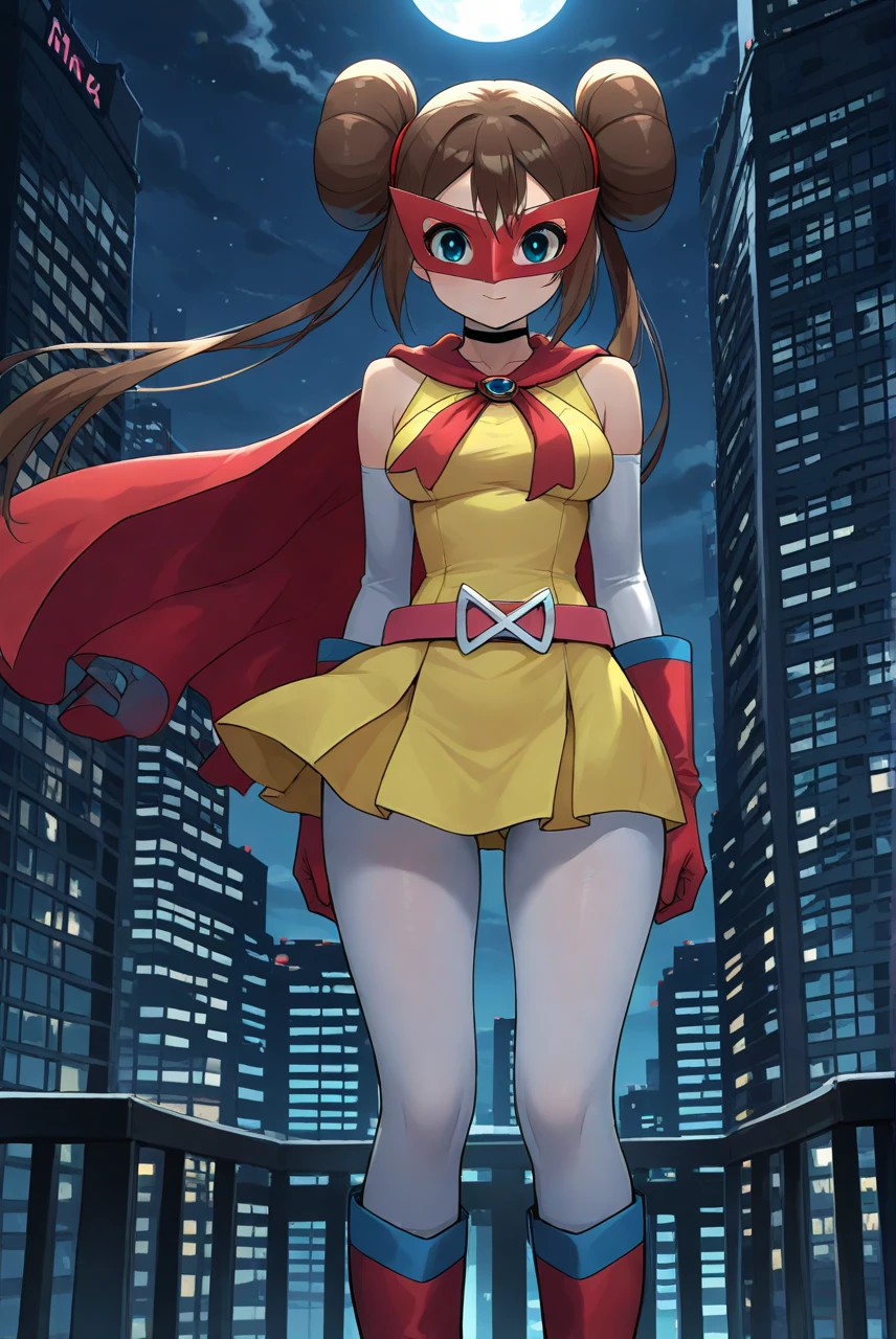 masterpiece, best quality, amazing quality, 1girl, solo, standing, on top of a skyscraper, night, moonlight, crescent_moon, rosagirl, brown_hair, blue_eyes, double_bun, twintails, superhero, yellow_dress, white_sleeves, red_cape, domino_mask, red_mask, red_gloves, belt, white_pantyhose, red_footwear, knee_boots