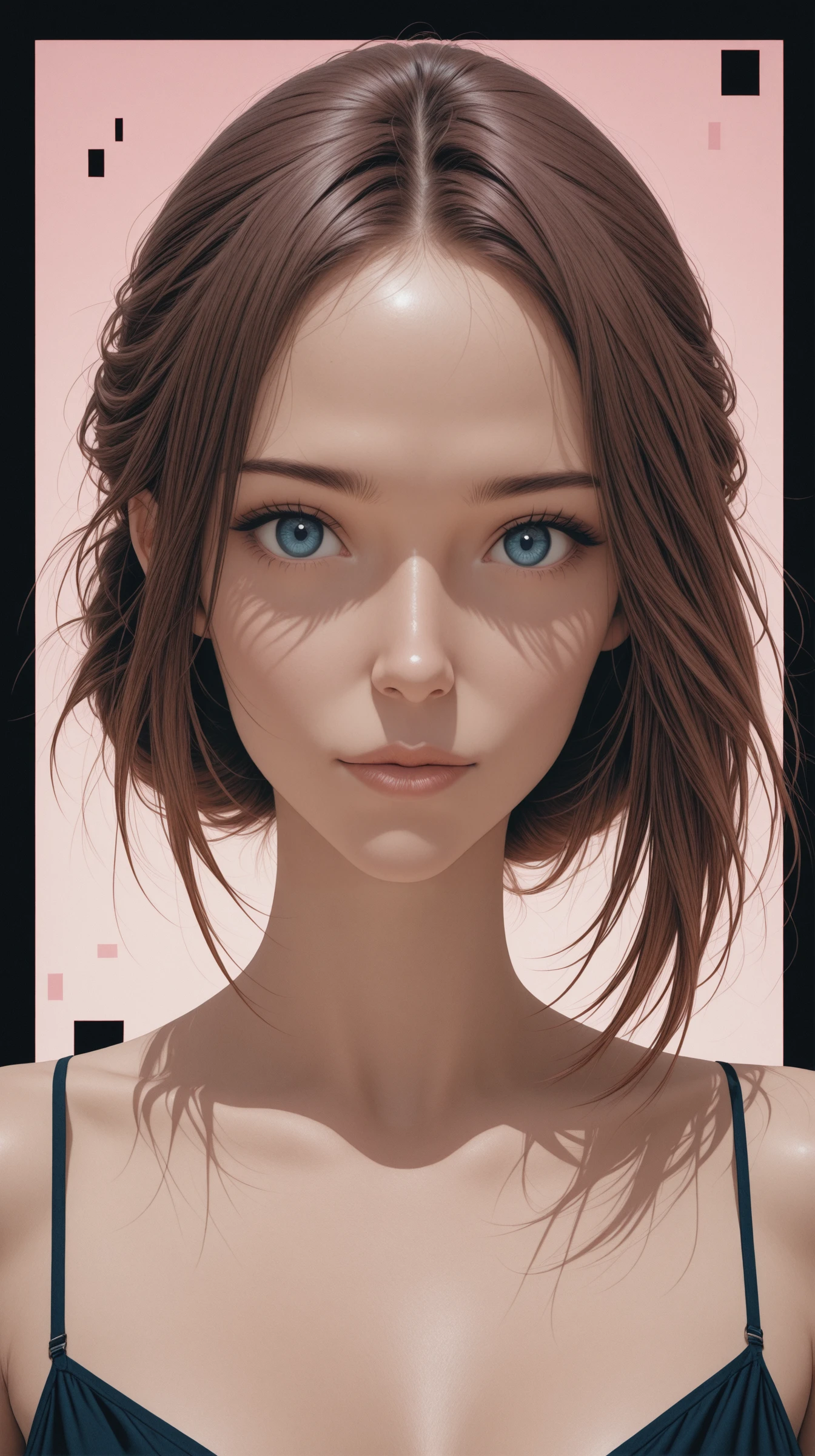 masterpiece, best quality, looking at viewer,
1 woman, blue eyes, brown hair,
(one giant square in background:1.4), black background, abstract background, minimalistic composition, pink background details,
<lora:reij-acdo:0.8>