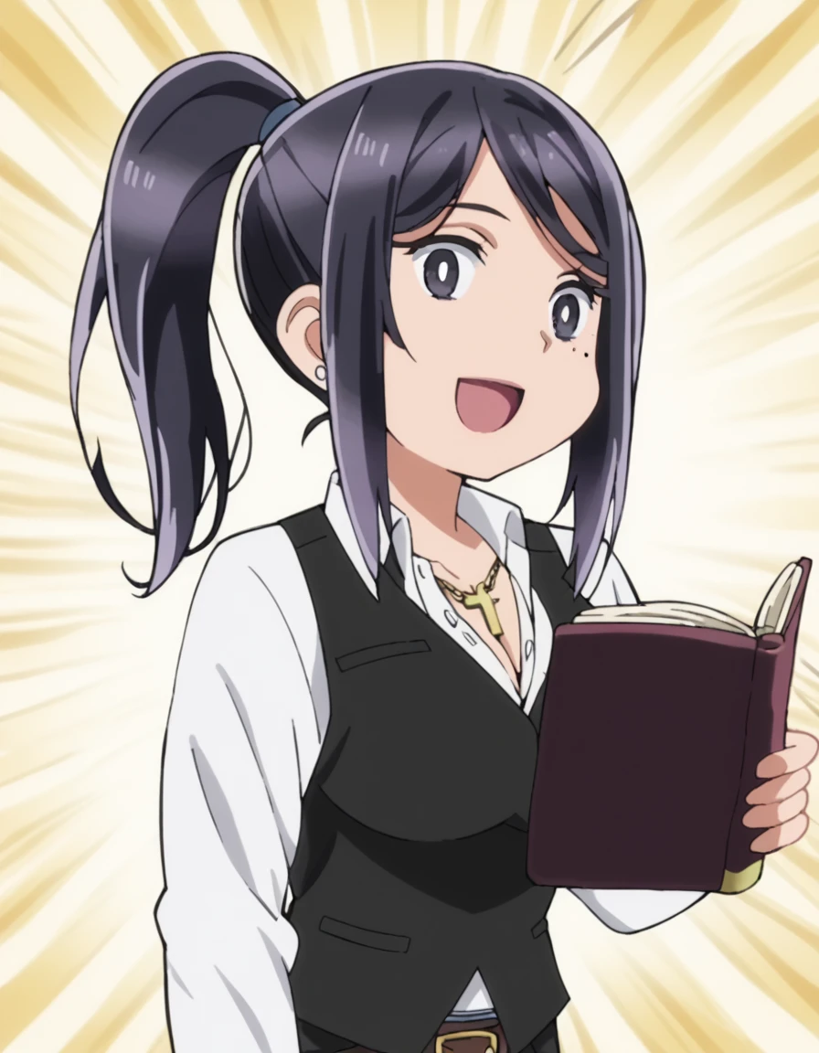 score_9, score_8_up, score_7_up, source_anime, <lora:utako-sakura-s1-ponyxl-lora-nochekaiser:1>, utako sakura, large breasts, black hair, ponytail, mole, black eyes, mole under eye, anime screencap, shirt, cleavage, jewelry, earrings, belt, necklace, cross, cross necklace, vest, black vest, collared shirt, black pants,, bookstore, books, shelves, reading, quiet, , <lora:seyana-ponyxl-lora-nochekaiser:1> seyana, seyana (meme), gyari (imagesdawn) (style), sunburst background, sunburst, meme, emphasis lines, bright pupils, empty eyes, white pupils, smile, open mouth, looking at viewer, solo,, cowboy shot, solo