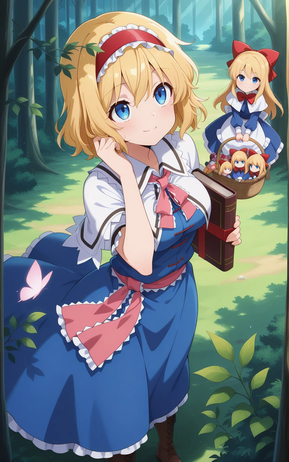 absurdres, highres, masterpiece, best quality, amazing quality, official anime artwork, screencap, anime screencap, forest, from above, shanghai doll, looking up, hand on hair, smile,
<lora:Alice-Margatroid_Illustrious:1> alice margatroid, 1girl, solo, blonde hair, blue eyes, short hair, breasts,, white shirt, puffy short sleeves, white capelet, blue dress, red hairband, frilled hairband, red bowtie, sash, grimoire of alice, doll, basket,