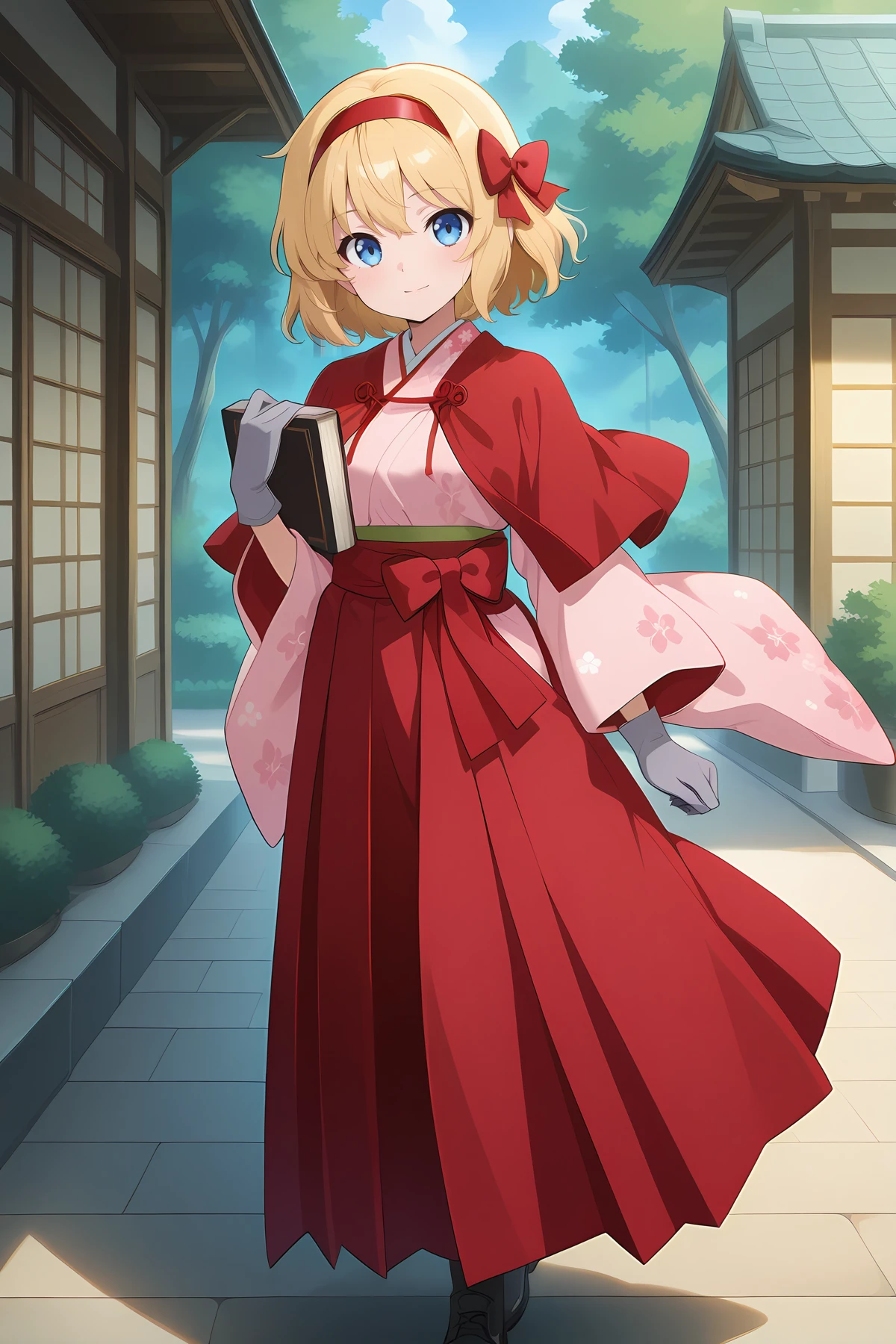 absurdres, highres, masterpiece, best quality, amazing quality, official anime artwork, screencap, anime screencap, outdoors, looking at viewer, light smile, dynamic pose,
<lora:Alice-Margatroid_Illustrious:1> alice margatroid, 1girl, solo, blonde hair, blue eyes, short hair, breasts,, alice margatroid \(puppeteer at the hieda residence\), alternate costume, black footwear, book, bow, capelet, grey gloves, hair bow, hairband, hakama, hakama skirt, holding book, japanese clothes, kimono, red bow, red capelet, red hairband, red kimono, red skirt, floral print, floral print skirt, long sleeves, wide sleevs,