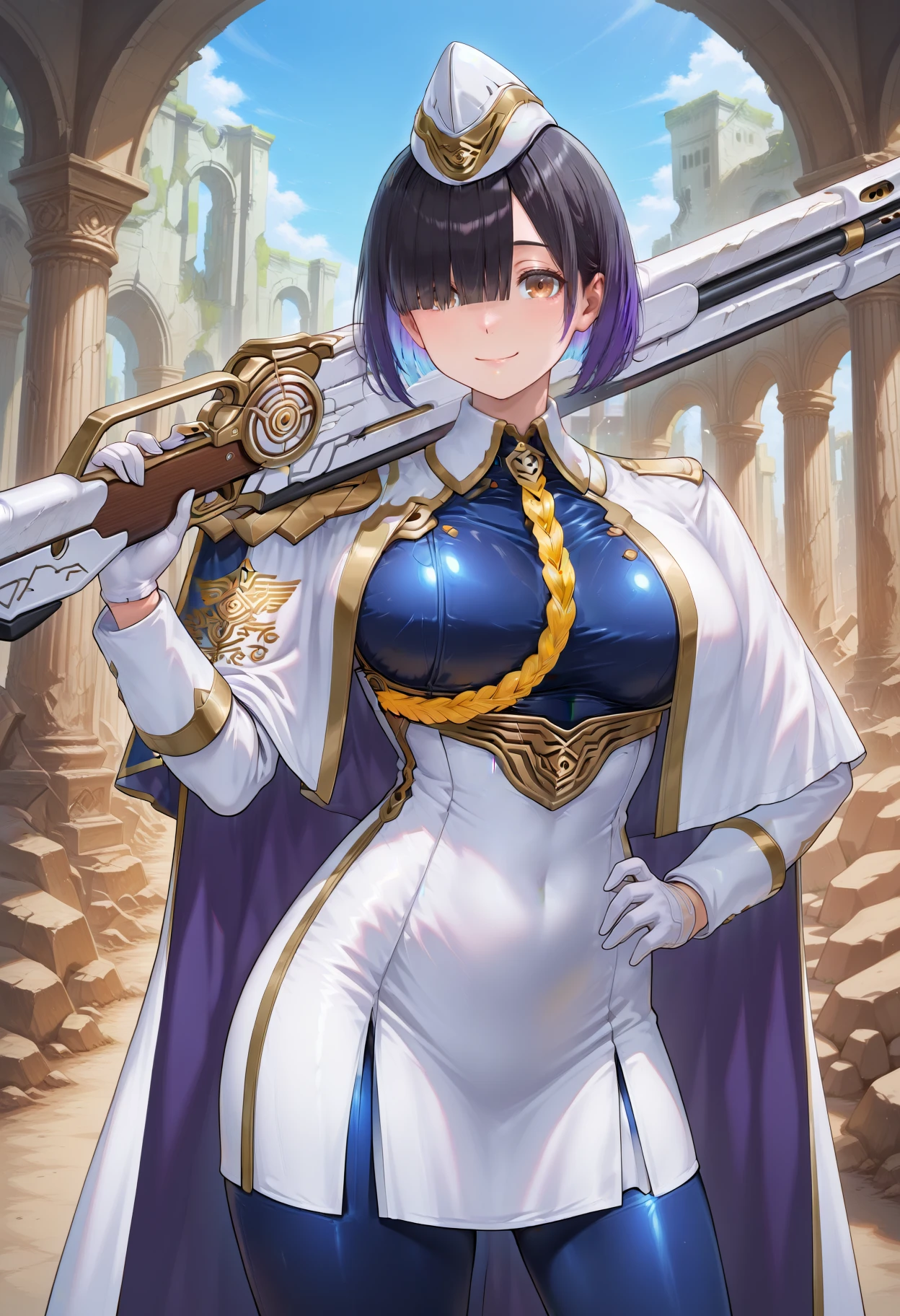1girl, <lora:HodrFEH-IL:1> hodrFEH.
a portrait of a girl aiming with a rifle. 
short hair, black hair, gradient hair, blunt bangs, garrison cap, hair over one eye, brown eye,
white dress, clothing cutout, yellow braided strap, long sleeves, single pauldron, two-tone cape, white capelet, white gloves,
blue  under clothes, high heels, gold trim, smile,
holding rifle, weapon over shoulder, hand on own hip, contrapposto, 
cowboy shot, outdoors, fantasy, pillar, ruins
masterpiece, perfect quality, best quality, absolutely eye-catching