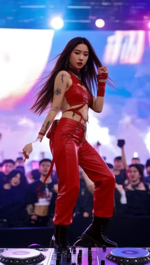 The girl wore a fiery red leather outfit with a unique style, performing strong, energetic dance moves while controlling the DJ remix table. Her gestures were full of confidence, her right hand adjusted the lever on the DJ table while her left hand turned the sound control knob. She moved rhythmically to the vibrant music, combining seductive turns and strong hair flips, her eyes focused but no less seductive.
The modern DJ performance stage, with multi-colored LED lights constantly moving to the beat of the music. Behind her was a large screen displaying vibrant graphic effects, along with smoke and laser effects creating an explosive feeling. The crowd below kept cheering and dancing along, creating a passionate atmosphere, full of the atmosphere of an electronic music festival.
