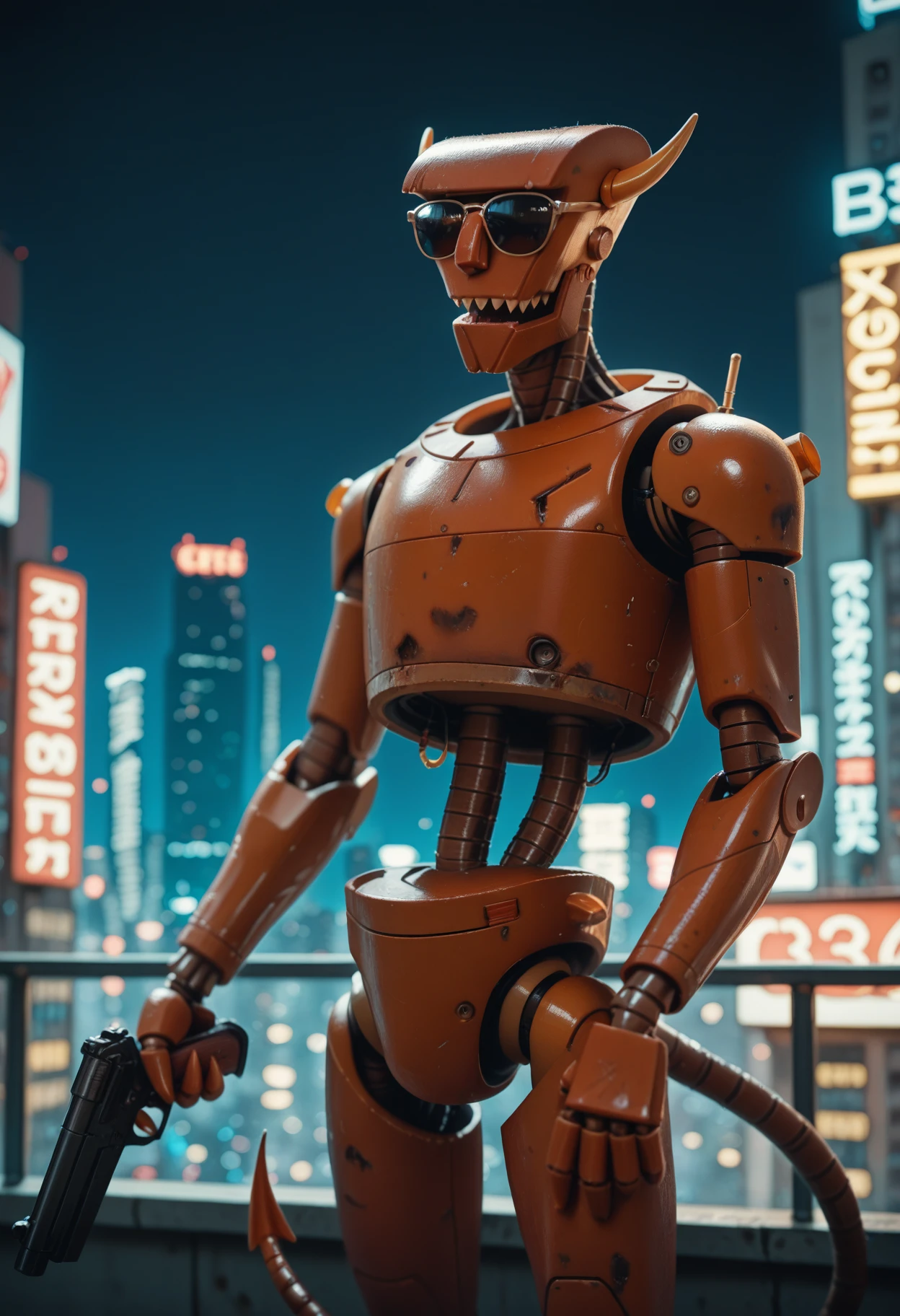 masterpiece, best quality, amazing quality, 1boy, solo, b33lz3b0t, humanoid robot, cyberpunk city background, night, holding, gun, tail, sunglasses