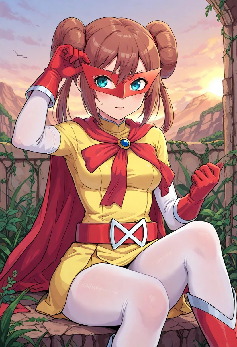[hinosaki], leveen, masterpiece, best quality, amazing quality, 1girl, solo, sitting, sunny, sky, rosagirl, brown_hair, blue_eyes, double_bun, twintails, superhero, yellow_dress, white_sleeves, red_cape, domino_mask, red_mask, red_gloves, belt, white_pantyhose, red_footwear, knee_boots