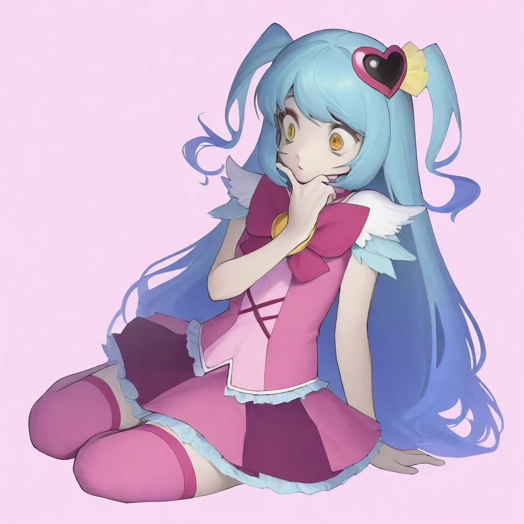 <lora:hjmp4_ill:1>, <lora:Queen_of_Hatred:0.8> 1girl, long hair, blue hair, heart hair ornament, yellow eyes, magical girl, two side up, skirt, thighhighs, pink outfit, One hand on chin, looking thoughtful, Shock